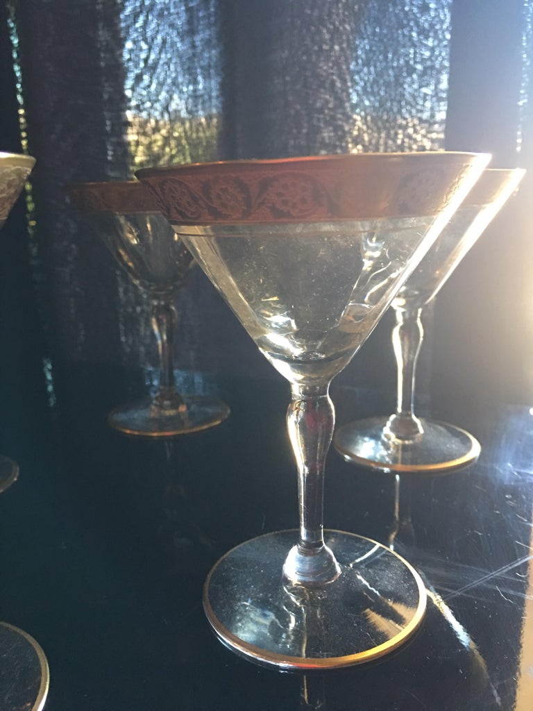 Vintage Set of 6 Etched Floral Gold Band Champagne Glasses at 1stDibs