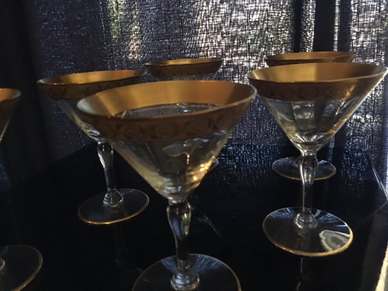 Vintage Set of 6 Etched Floral Gold Band Champagne Glasses at 1stDibs