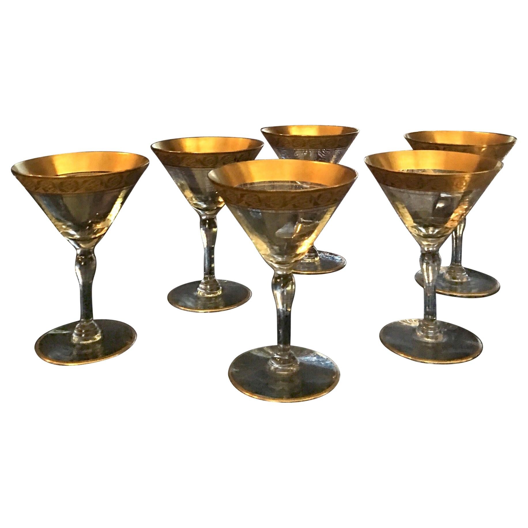 Vintage Set of 6 Etched Floral Gold Band Champagne Glasses