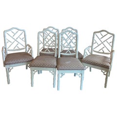 Vintage Set of 6 Faux Bamboo Chinese Chippendale Dining Side & Arm Chairs