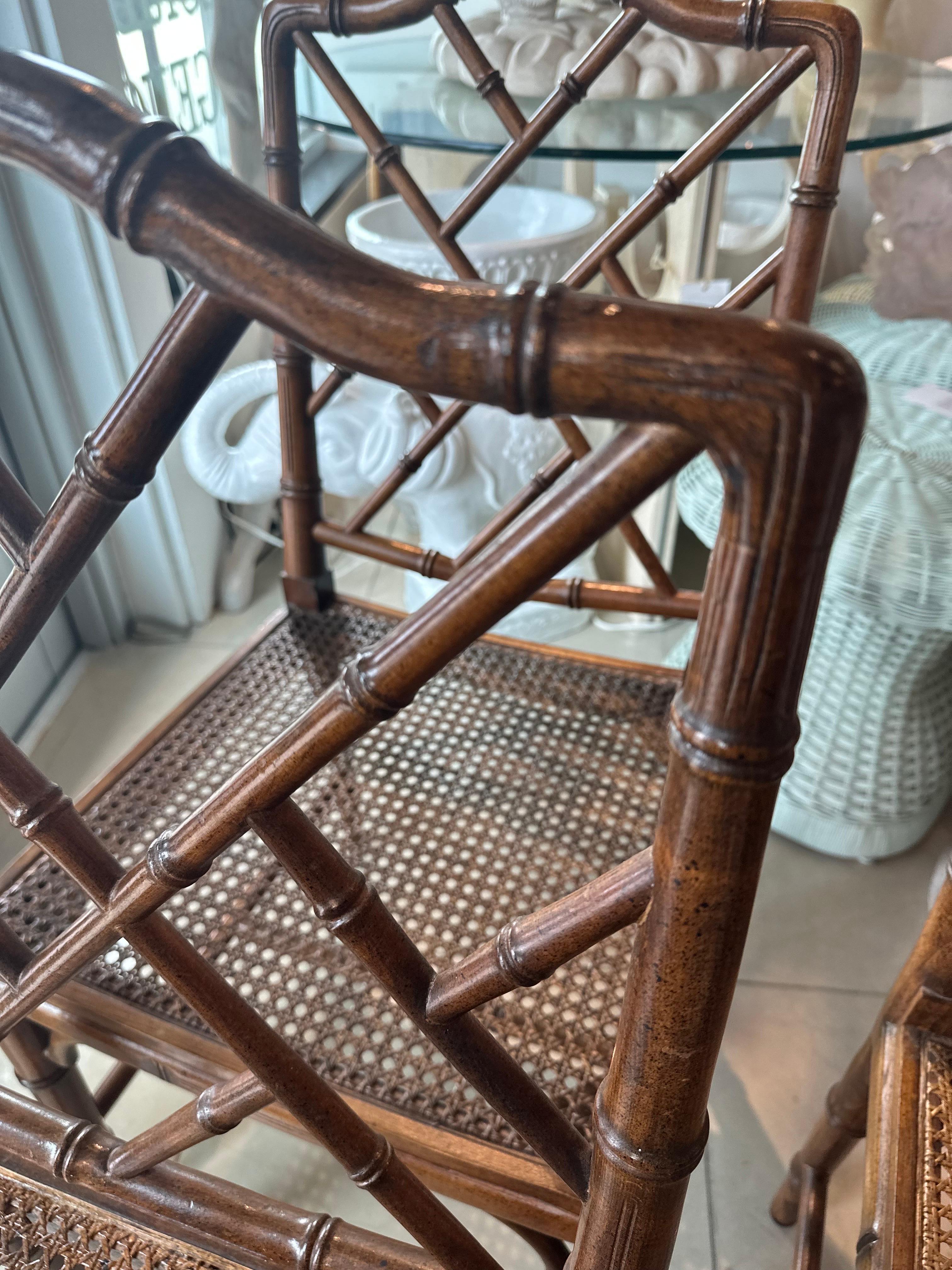 Vintage Set of 6 Faux Bamboo Chinese Chippendale Wood Side Dining Chairs For Sale 4