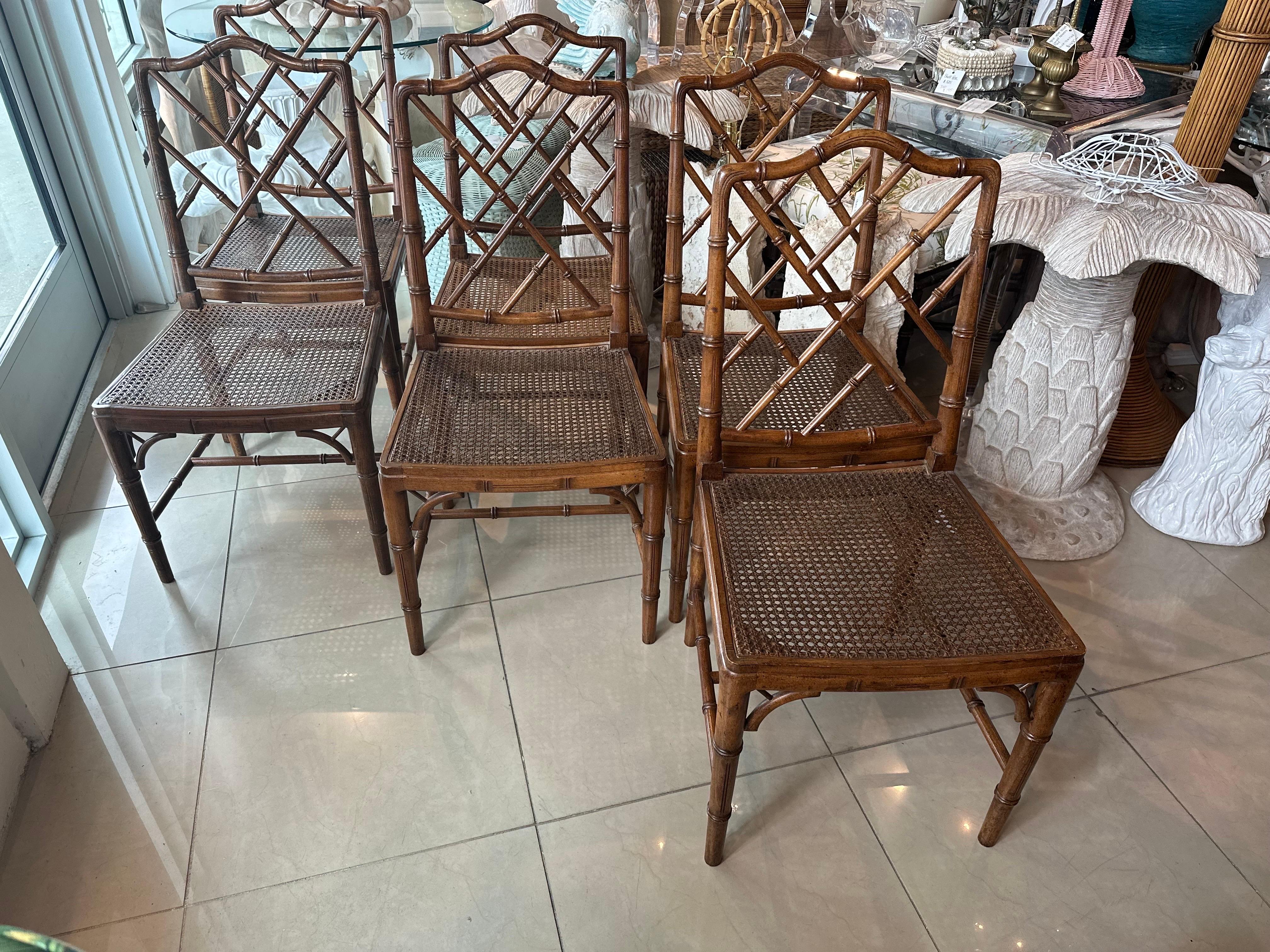 Vintage set of 6 faux bamboo Chinese Chippendale by Century side dining chairs, original wood finish and woven seats. No damage.  Dimensions: 36.5 H x 18.5 W x 19.5 Overall Depth. Seat Height 16.5. 
