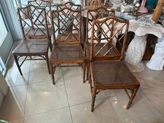 Vintage Set of 6 Faux Bamboo Chinese Chippendale Wood Side Dining Chairs