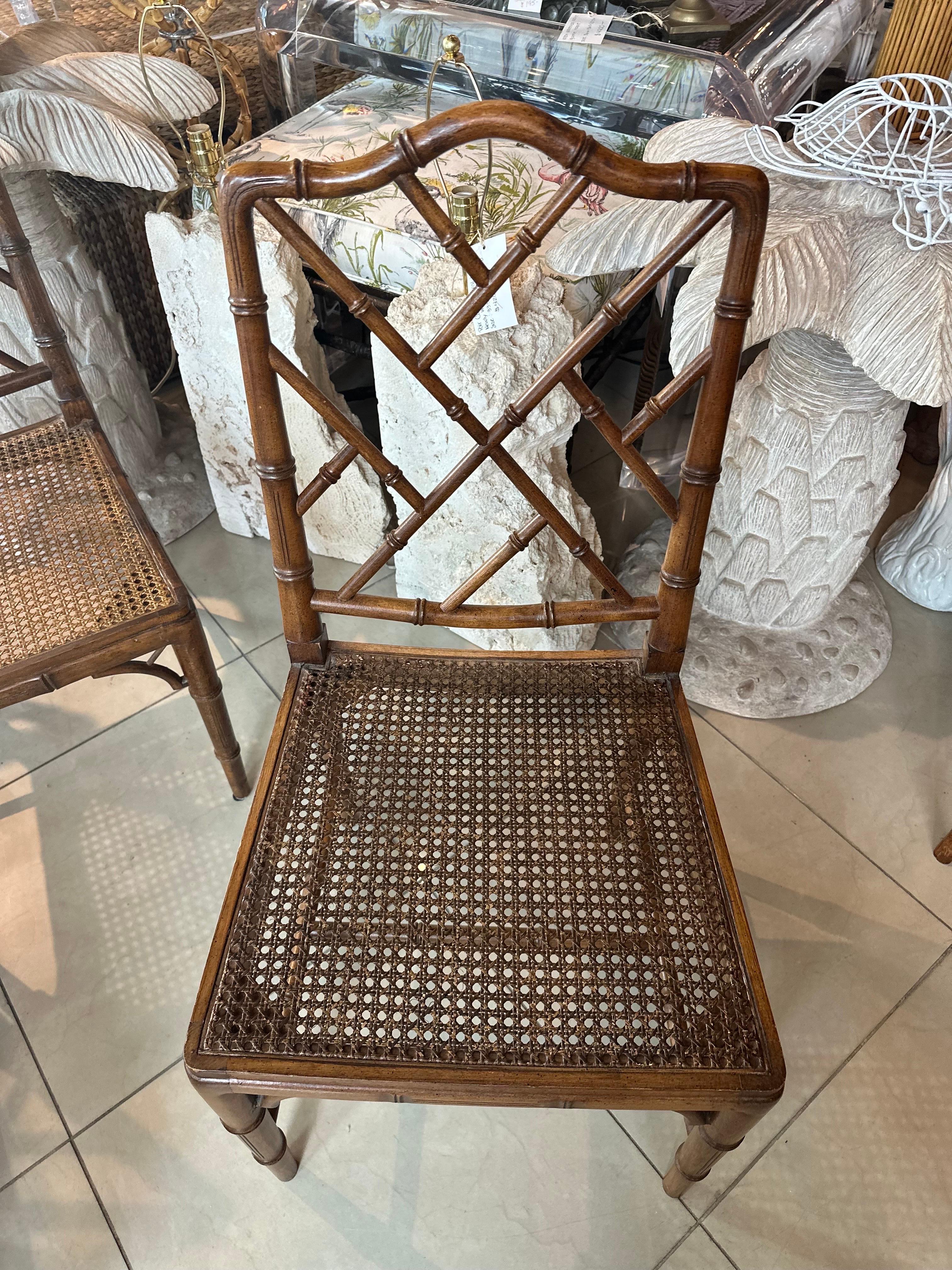 Vintage Set of 6 Faux Bamboo Chinese Chippendale Wood Side Dining Chairs For Sale 1
