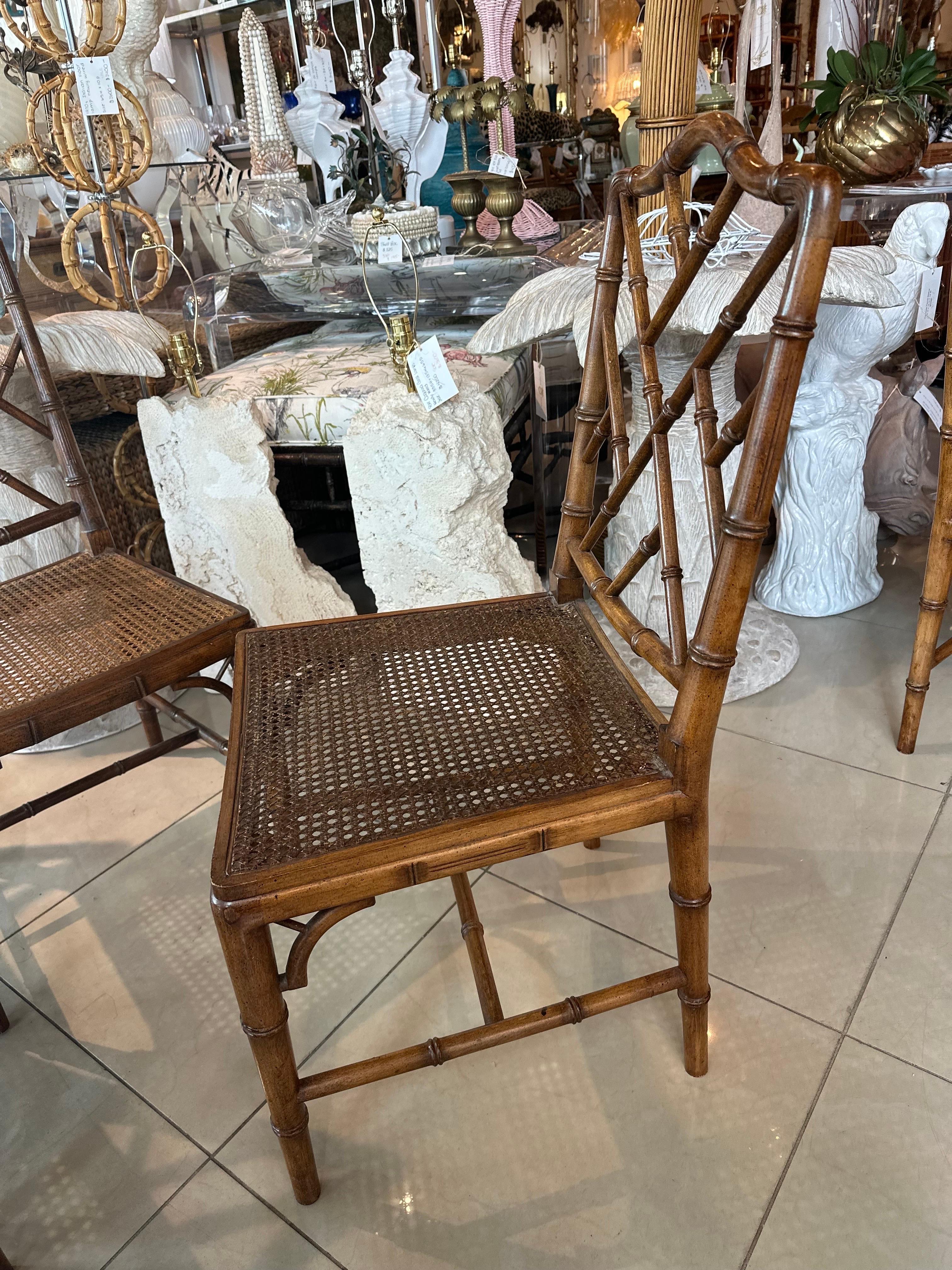 Vintage Set of 6 Faux Bamboo Chinese Chippendale Wood Side Dining Chairs For Sale 2