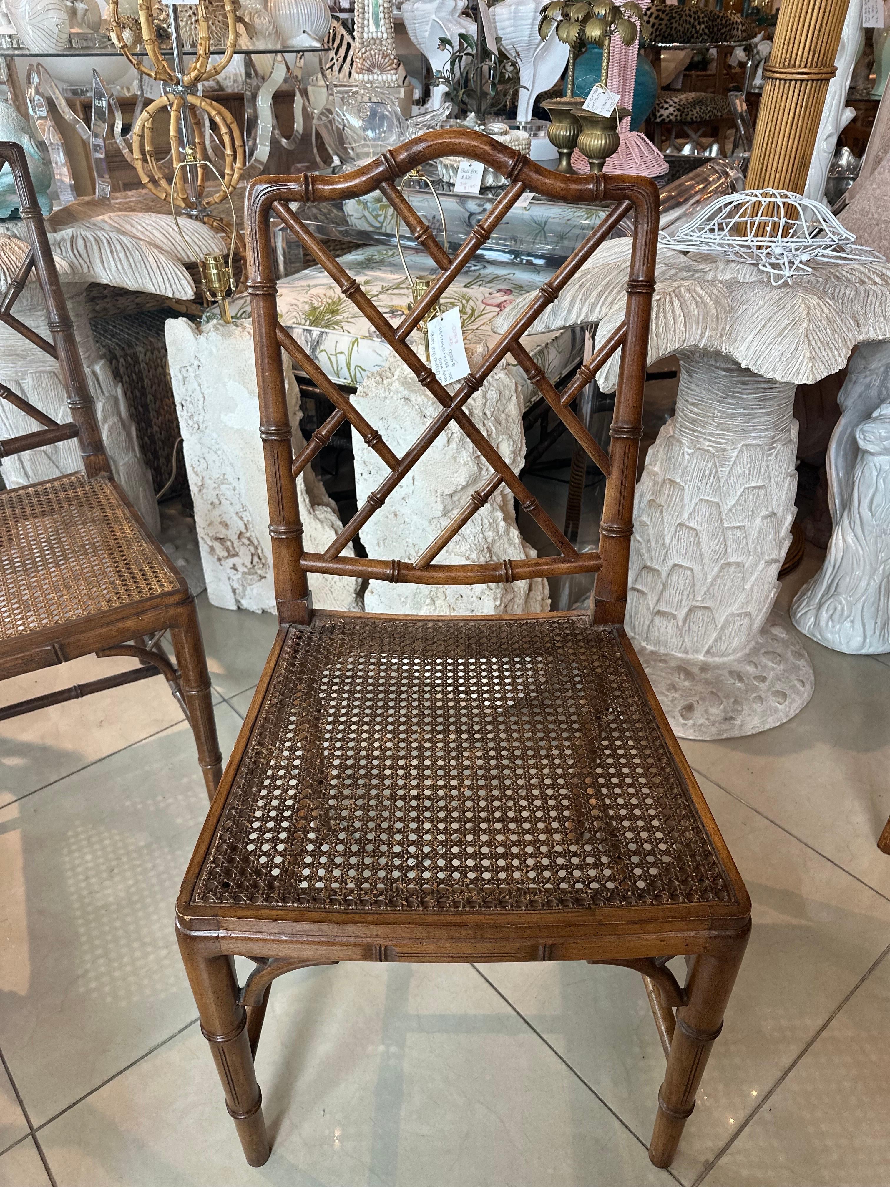 Vintage Set of 6 Faux Bamboo Chinese Chippendale Wood Side Dining Chairs For Sale 3