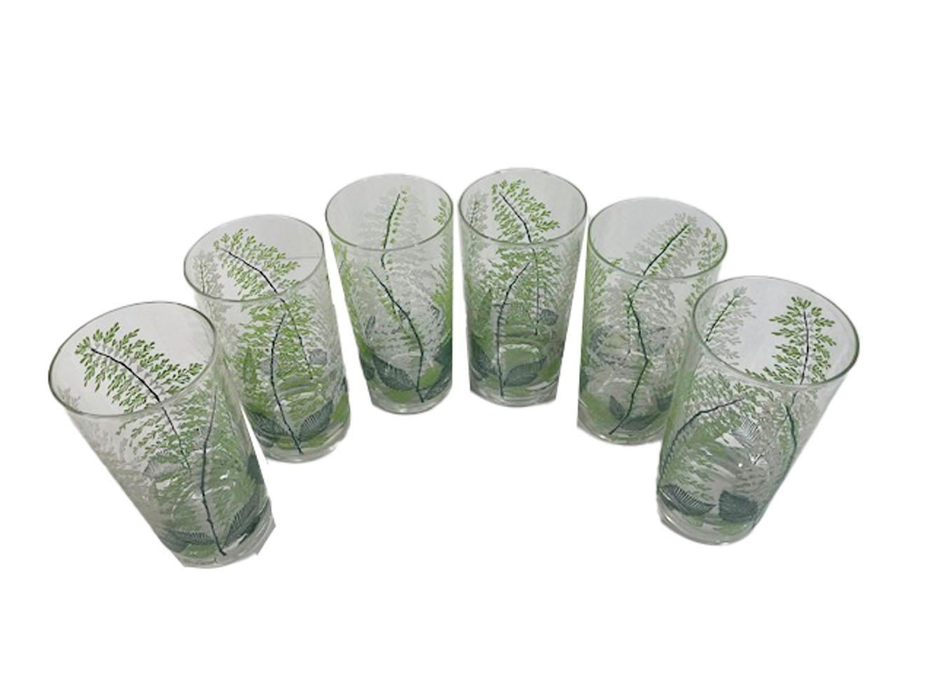 Set of 6 hard to find Georges Briard designed highball glasses with green and white fern fronds. Bright green and white enamel fern fronds rise up the sides of the glass above dark green leaves at the base.