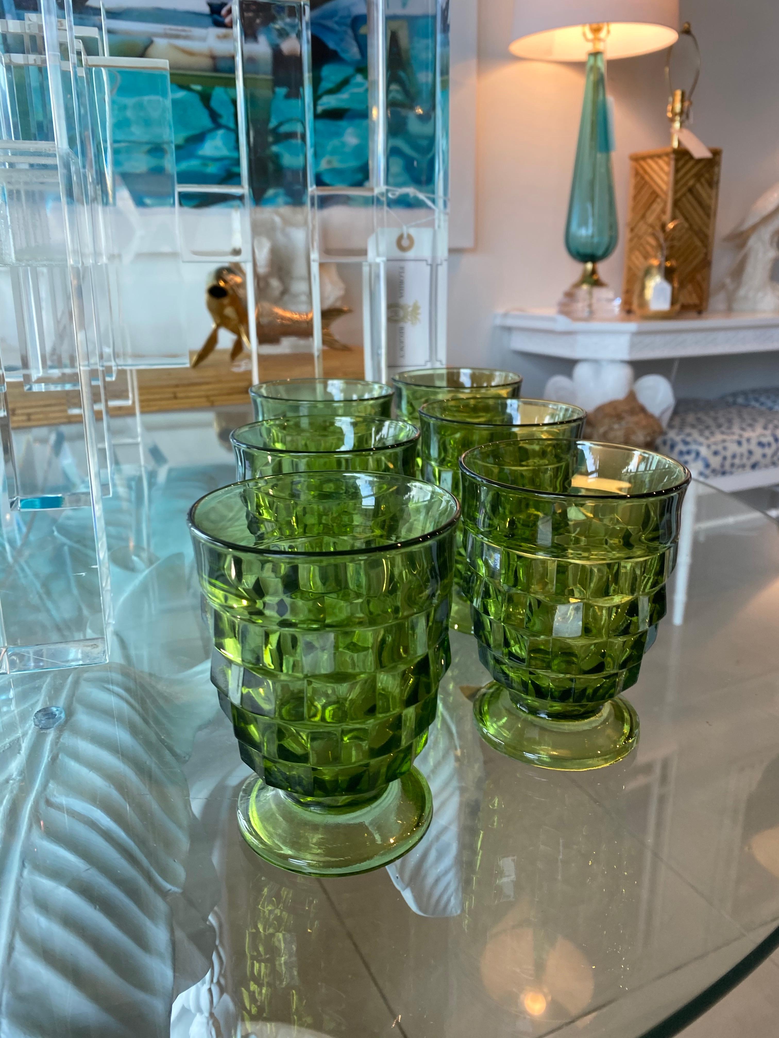 Hollywood Regency Vintage Set of 6 Green Glass Wine Water Glasses