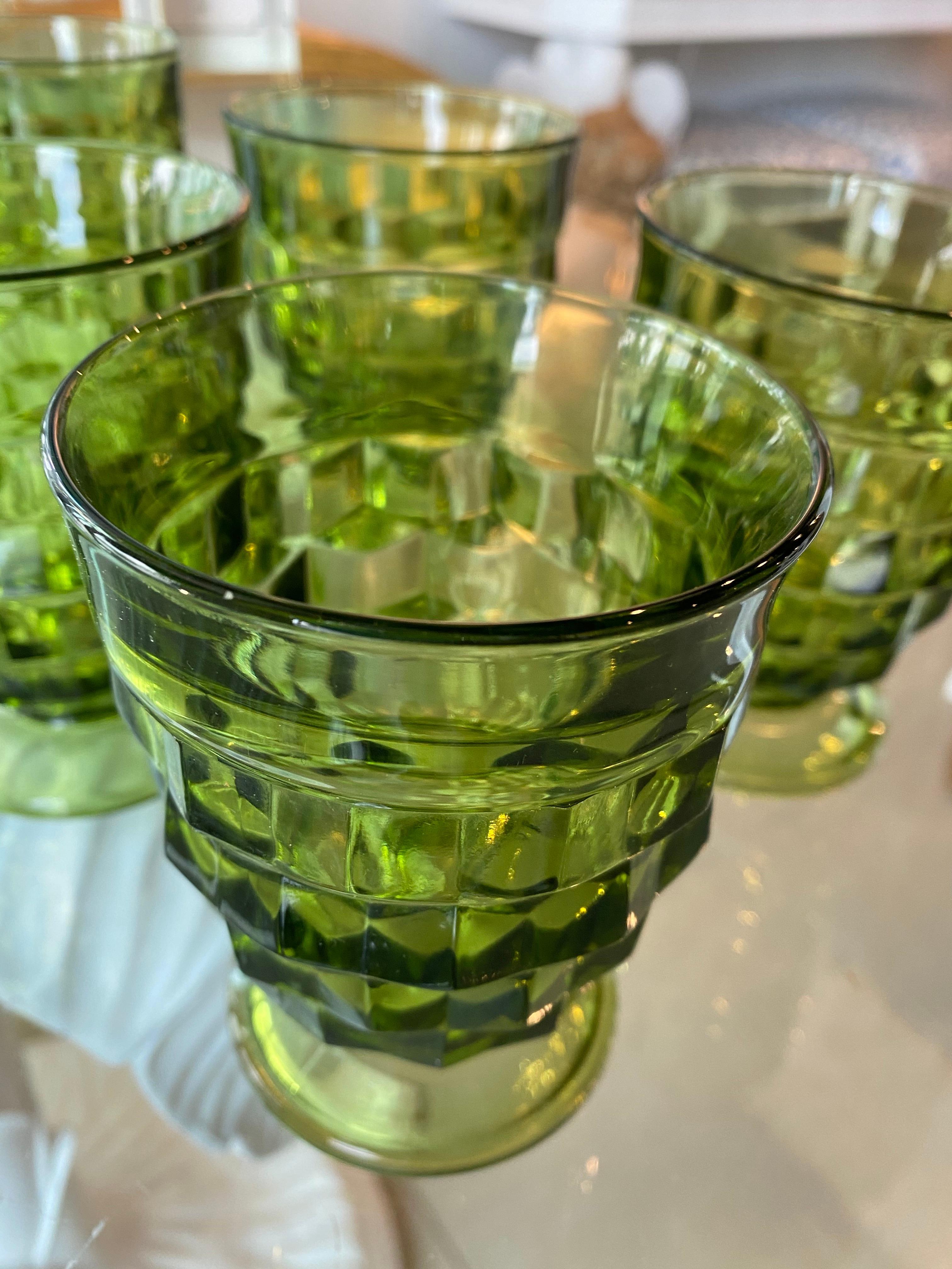 Late 20th Century Vintage Set of 6 Green Glass Wine Water Glasses