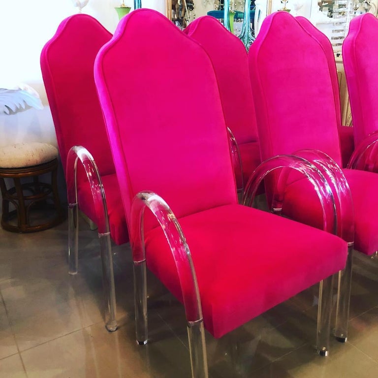 Vintage Set Of 6 Hill Mfg Lucite Waterfall Arm Dining Chairs Pink