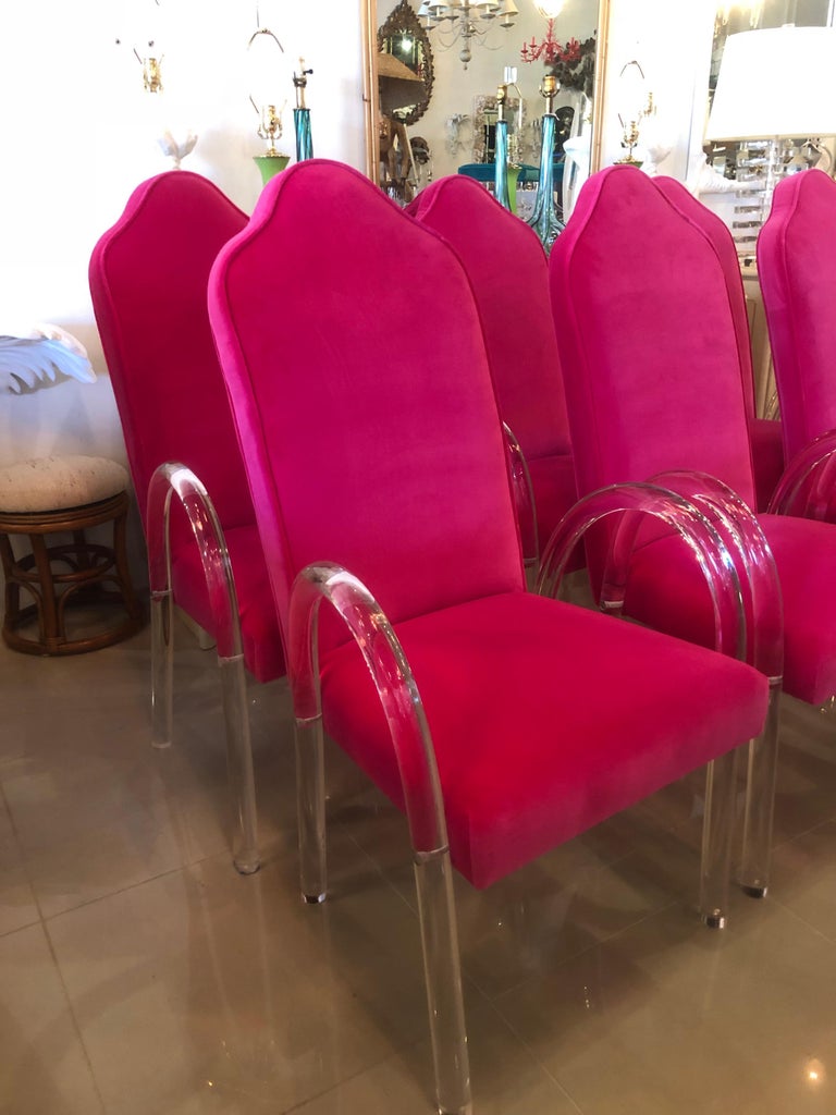 Vintage Set of 6 Hill Mfg. Lucite Waterfall Arm Dining Chairs Pink Velvet  at 1stDibs | hot pink dining chairs, hot pink dining room chairs, hot pink  velvet dining chairs