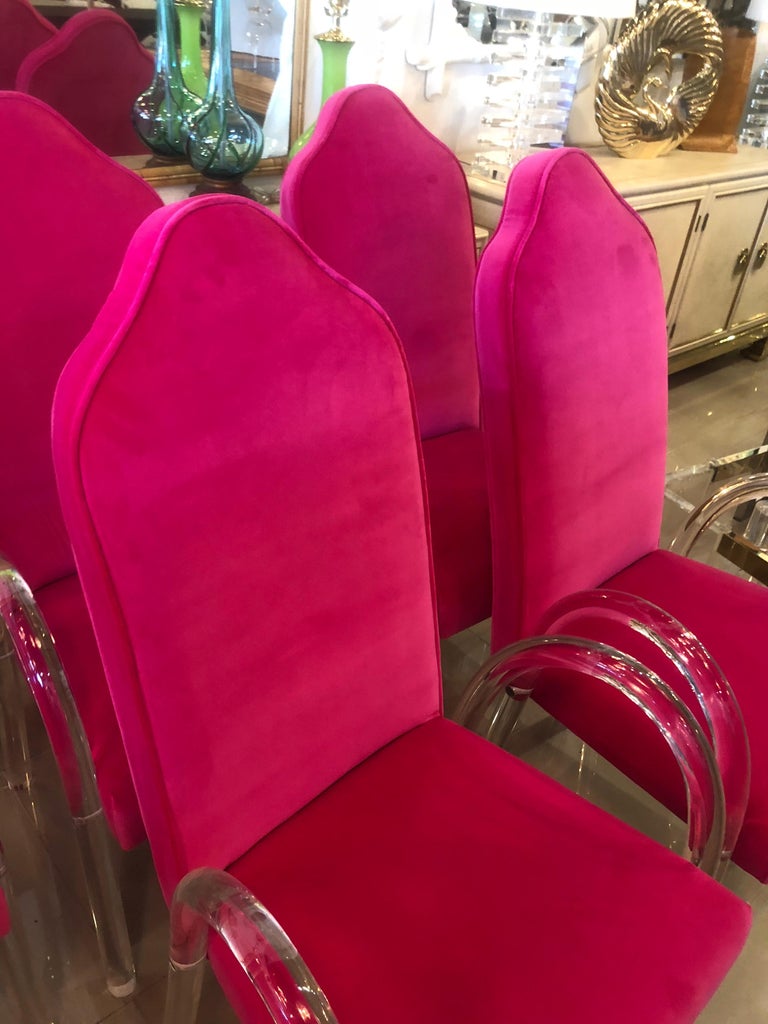 Vintage Set Of 6 Hill Mfg Lucite Waterfall Arm Dining Chairs Pink