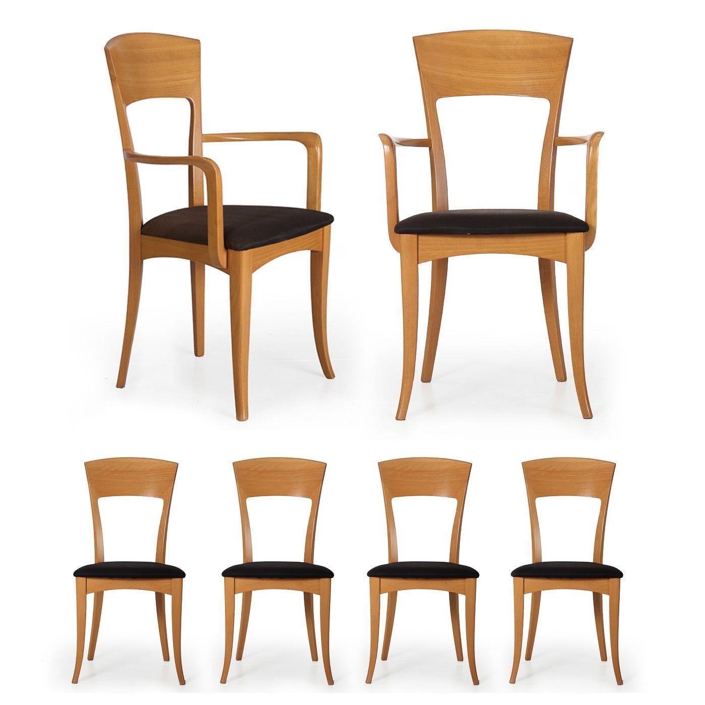 A very sleek set of six vintage dining chairs by the Northeastern Italy family furniture design firm of Antonio Sibau, they feature delicate lines with sleek profiles. The crests and conforming stiles have a lovely inward curve, the arms with a