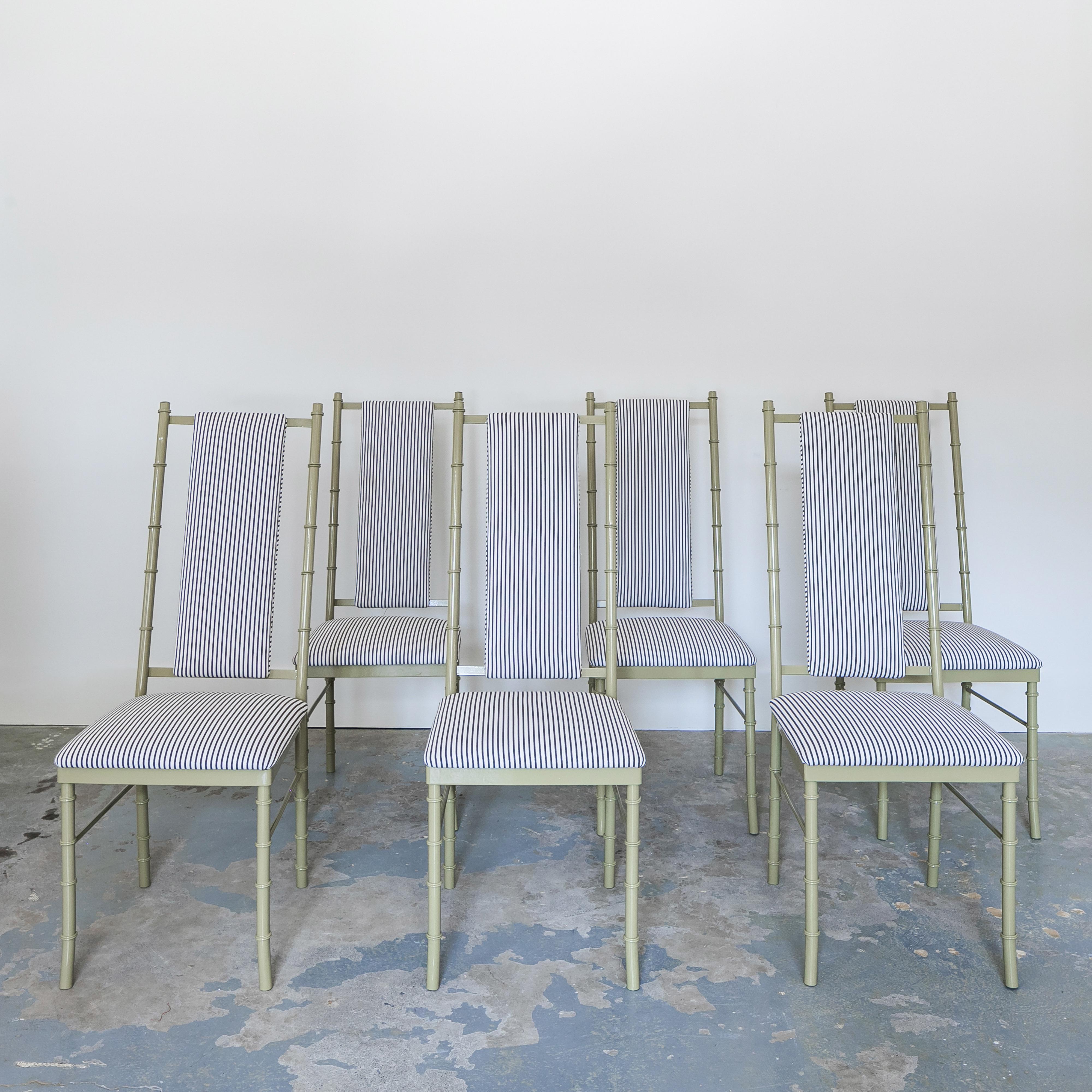 Mid Century set of 6 Metal faux bamboo dining chairs freshly powder coated in a pale putty green and upholstered in a Perennials black and white ticking. This style of faux bamboo furniture became particularly popular during the mid-century modern