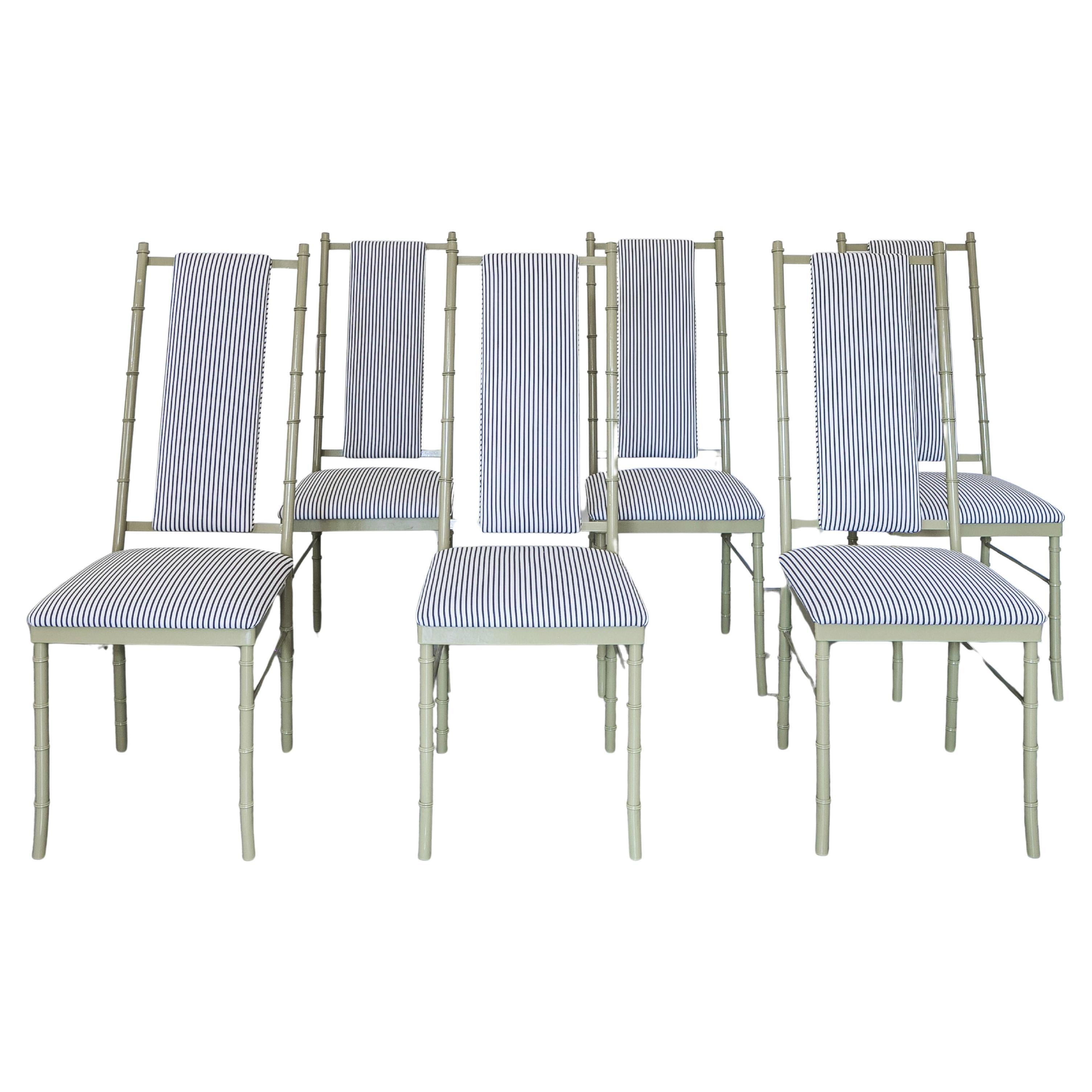 Mid Century set of 6 Powder-Coated Metal and Upholstered Dining Chairs. For Sale