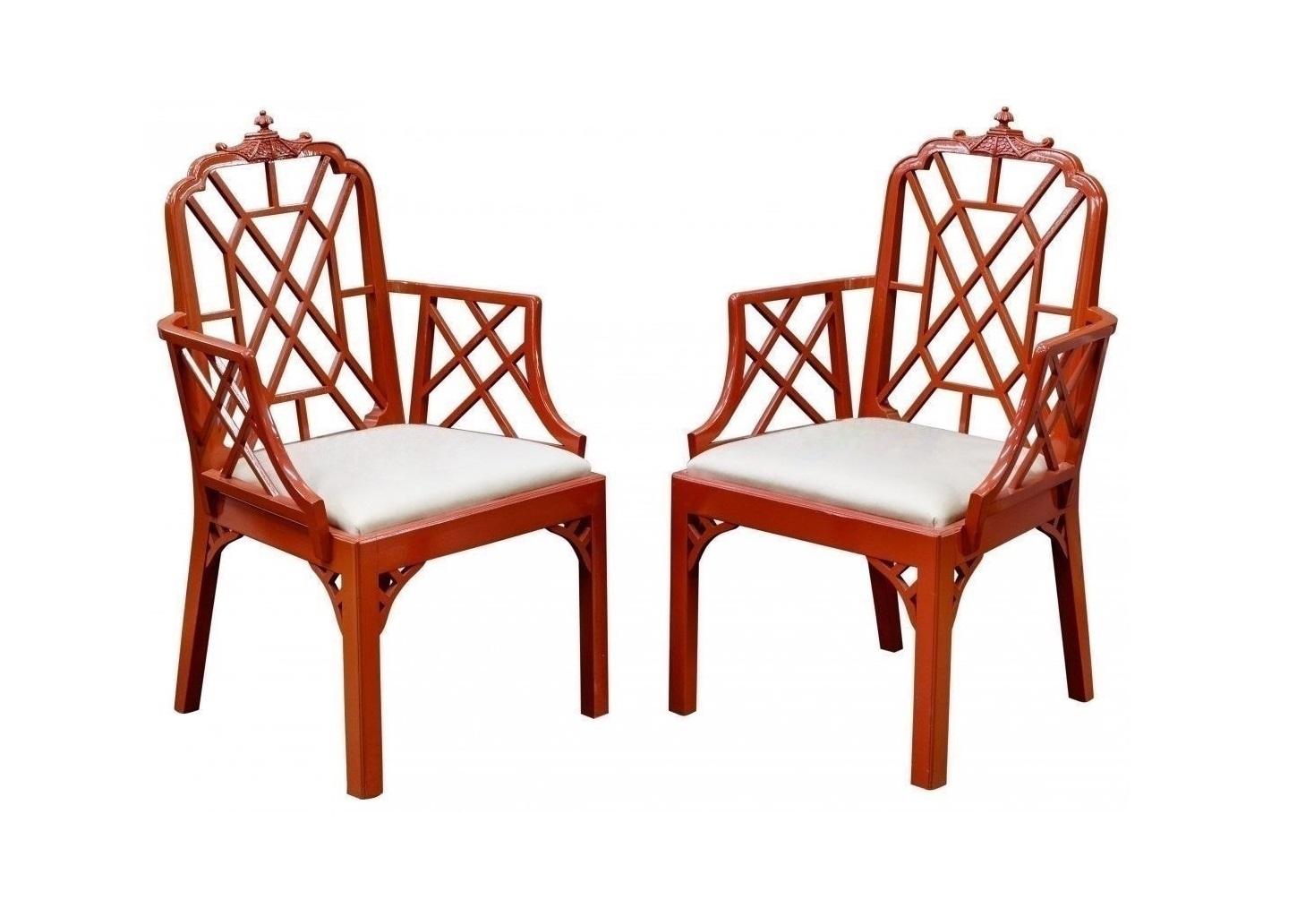 Beautiful set of 6 vintage Chinese Chippendale chinoiserie Pagoda dining chairs. This set includes 2-arm and 4 side chairs. The frames newly professionally finished in a reddish salmon lacquer, new upholstery and new foam as well. Featuring pagoda