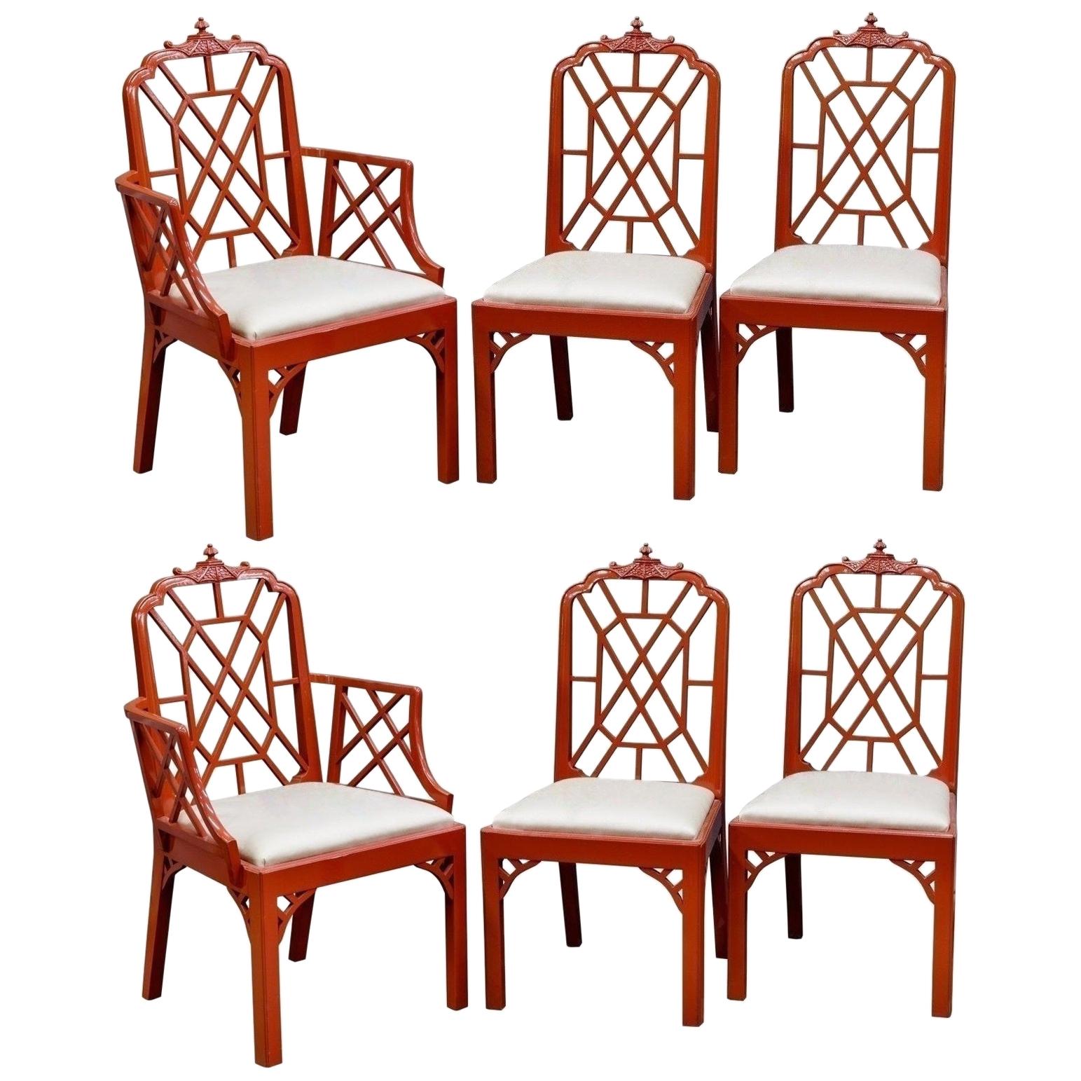 Vintage Set of 6 Newly Lacquered Pagoda Chinese Chippendale Dining Chairs For Sale