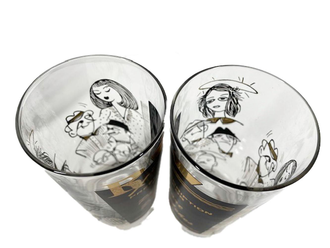 6 Mid-Century Modern highball glasses decorated with black enamel and 22k gold. The fronts with gold lettering on a black panel with 