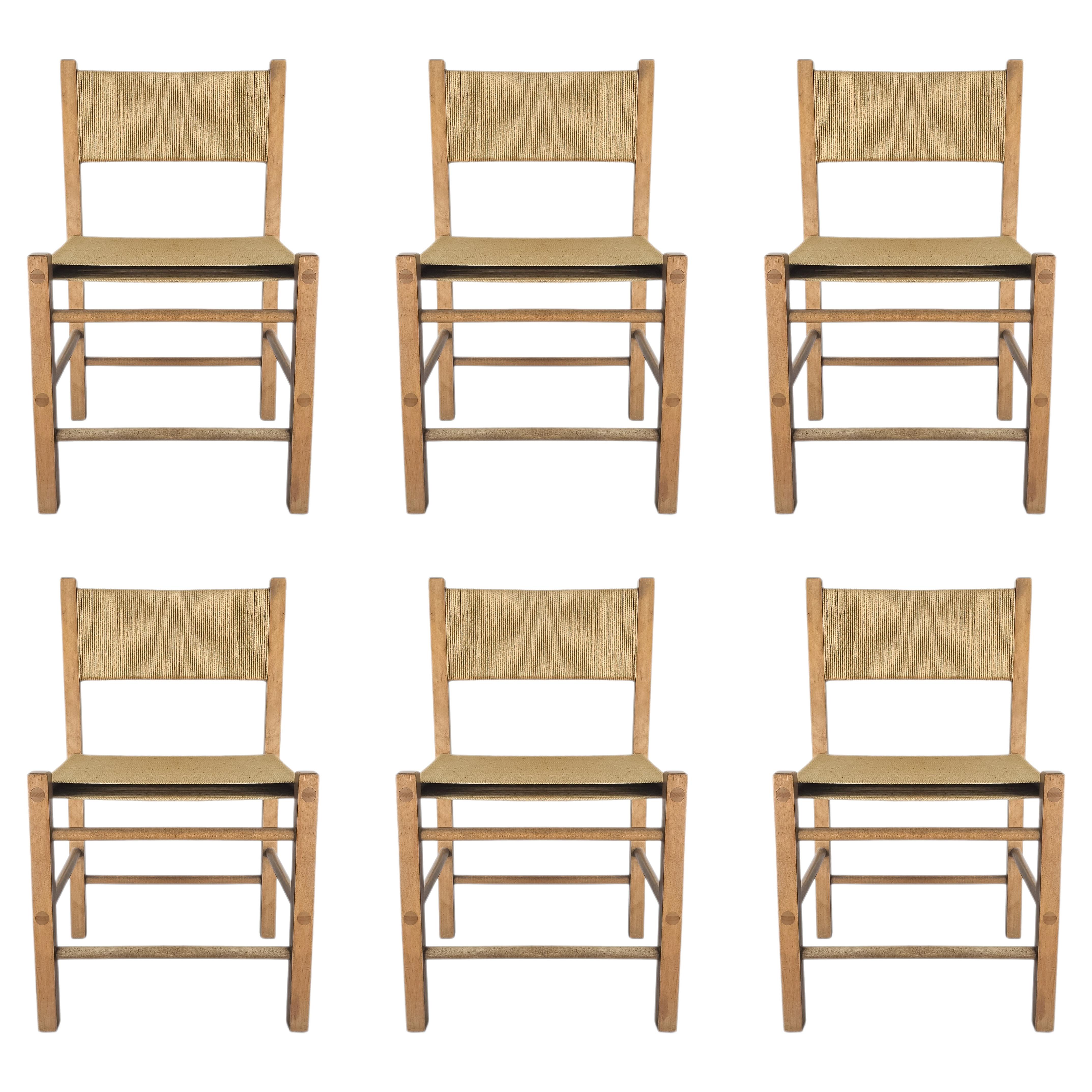 Vintage Set of 6 Rustic Danish European Oak and Rope Dining Chairs