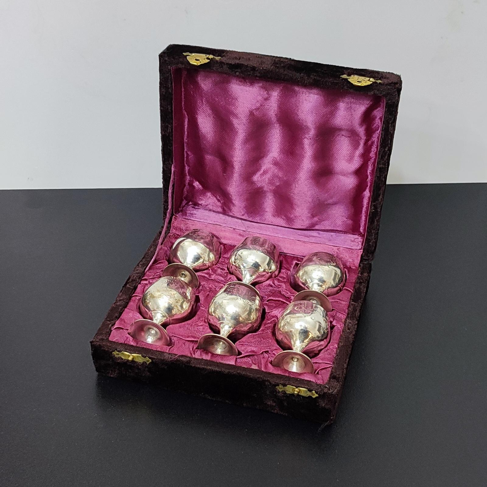 English Vintage Set of 6 Silver Plate Liqueur Stemmed Shots in Original Box FREESHIP For Sale