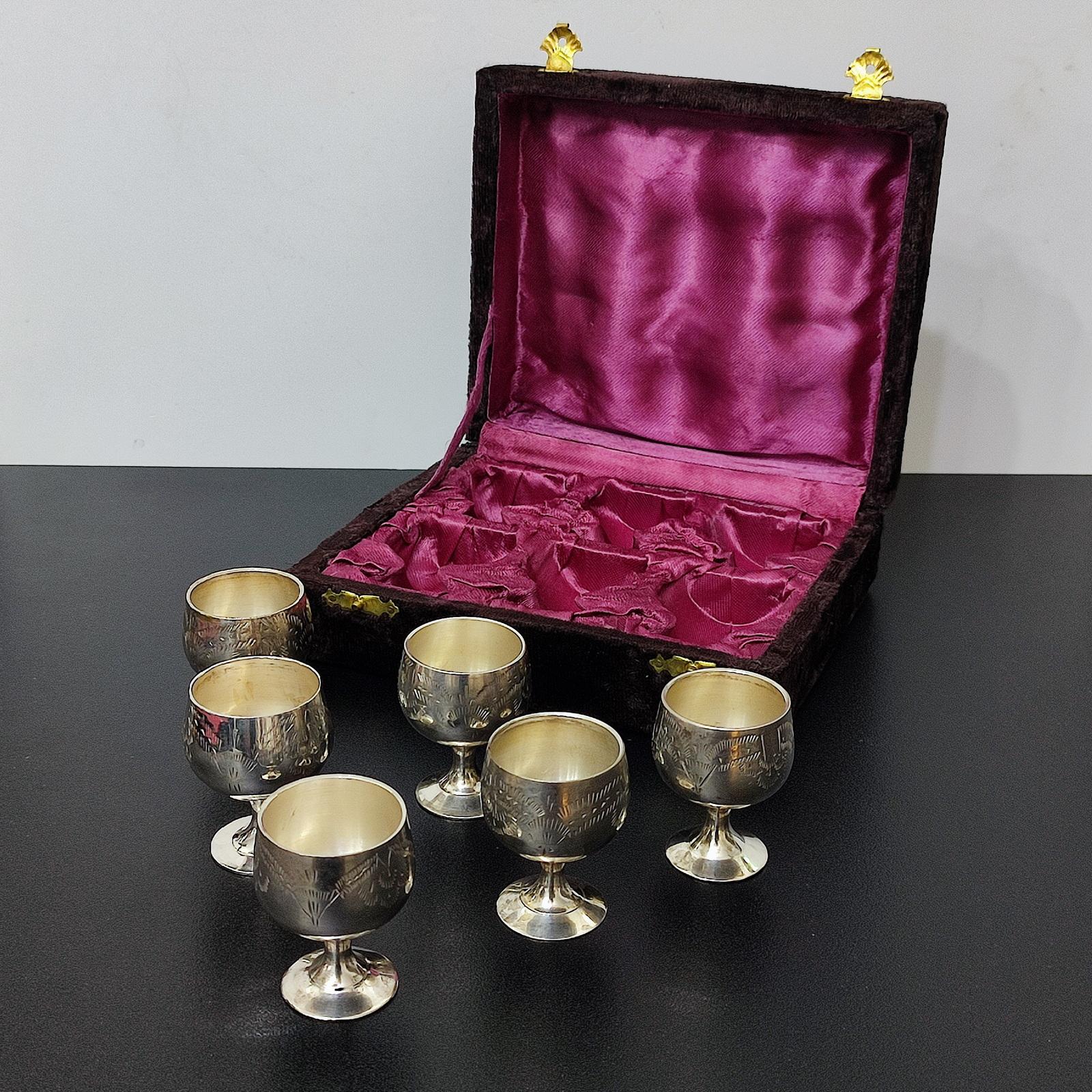 Vintage Set of 6 Silver Plate Liqueur Stemmed Shots in Original Box FREESHIP For Sale 2