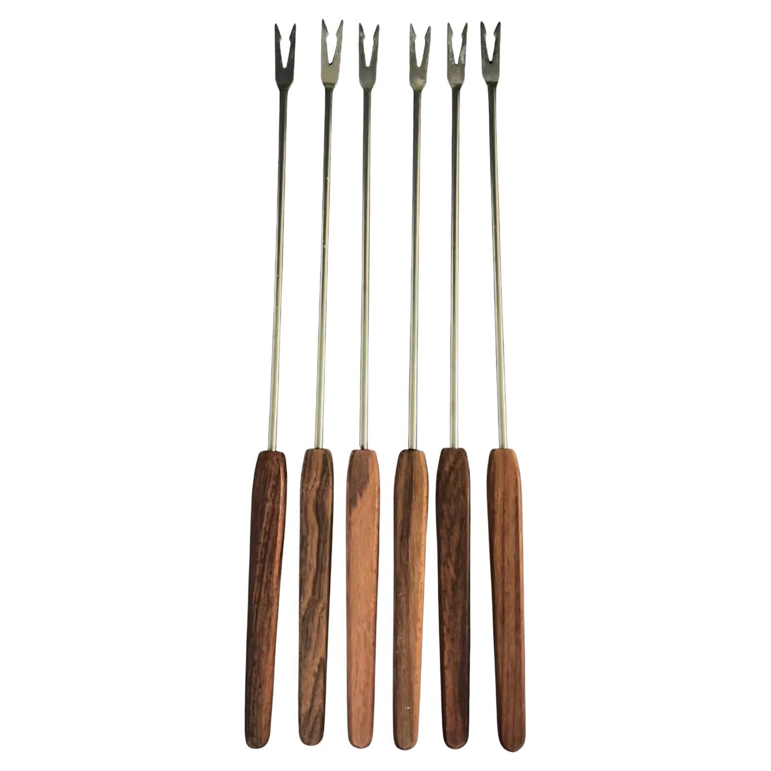 Vintage Set of 6 Stainless Steel Fondue Forks – Brown Handles - 2Y449