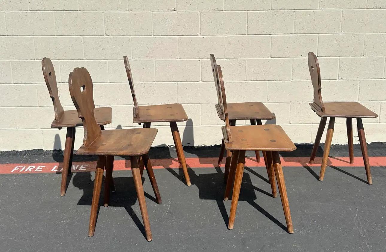 Rustic Vintage Set of 6 Swiss Handmade Farm House Carved Dining Chairs, Switzerland