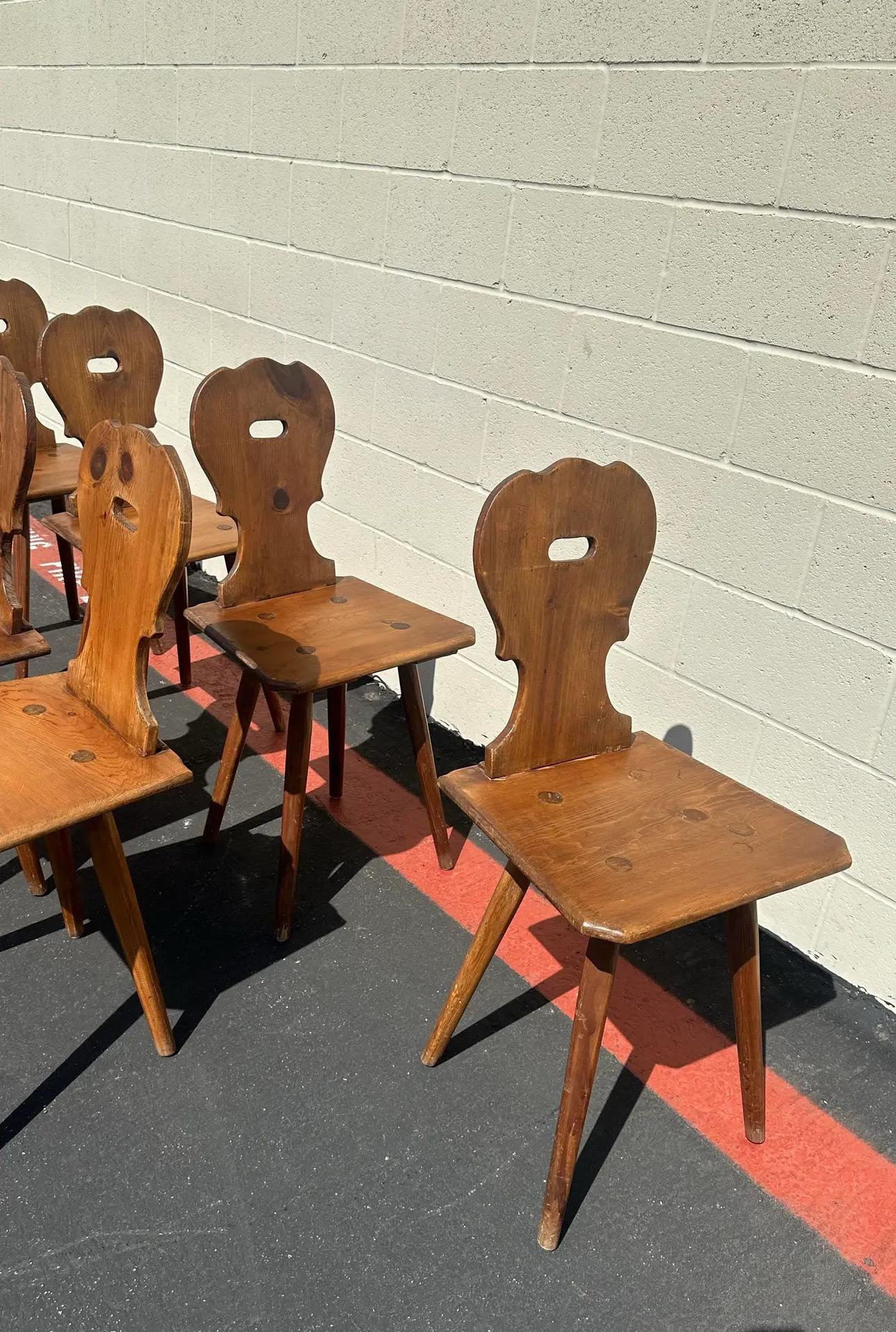 Mid-20th Century Vintage Set of 6 Swiss Handmade Farm House Carved Dining Chairs, Switzerland