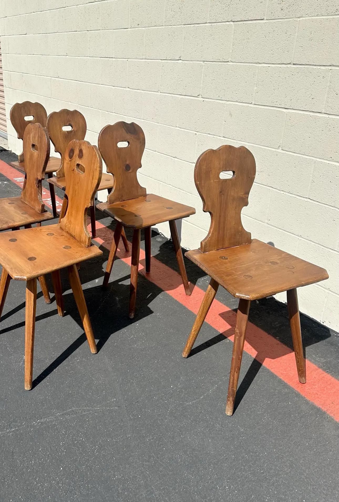 Wood Vintage Set of 6 Swiss Handmade Farm House Carved Dining Chairs, Switzerland