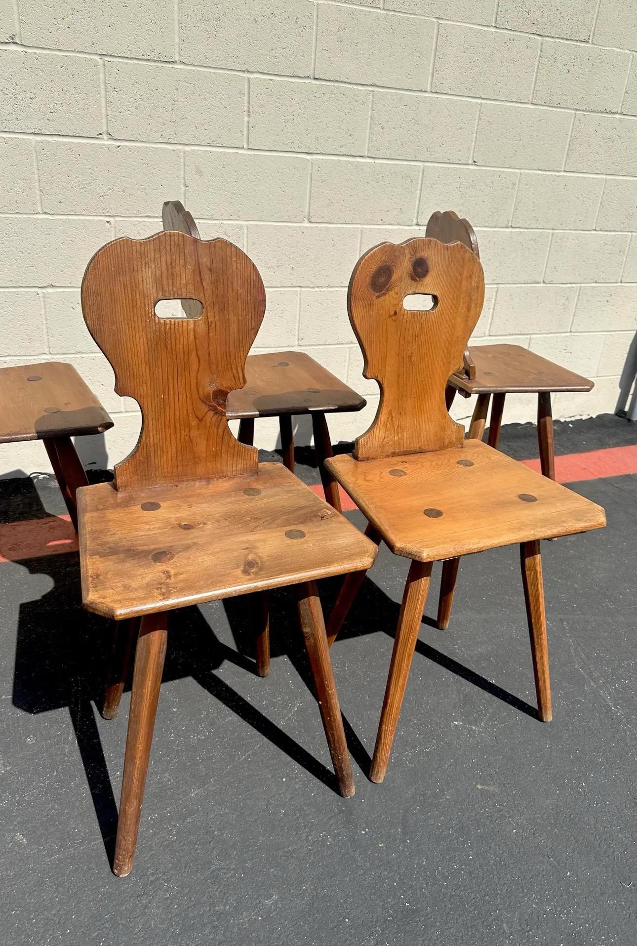 Vintage Set of 6 Swiss Handmade Farm House Carved Dining Chairs, Switzerland 1