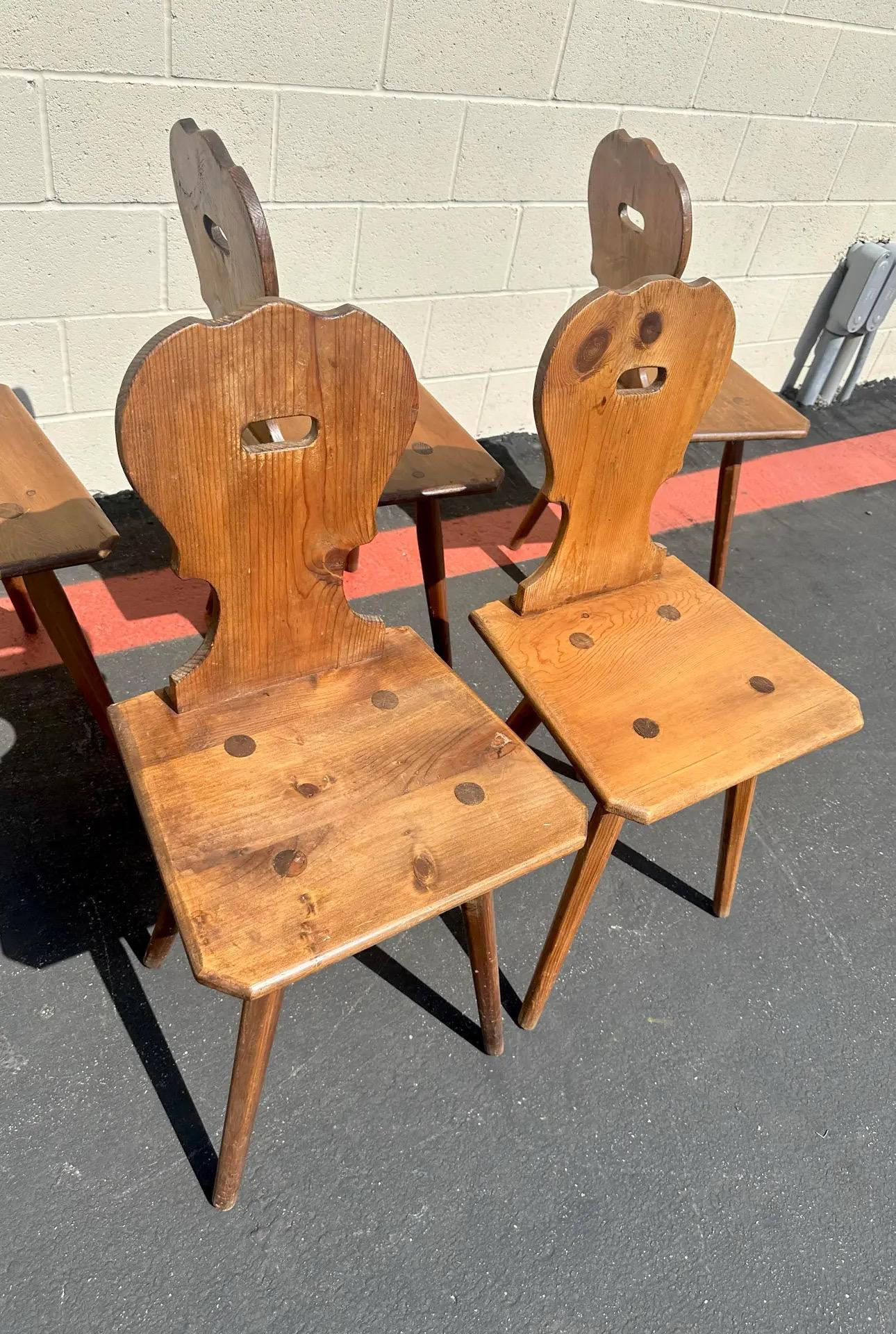 Vintage Set of 6 Swiss Handmade Farm House Carved Dining Chairs, Switzerland 2