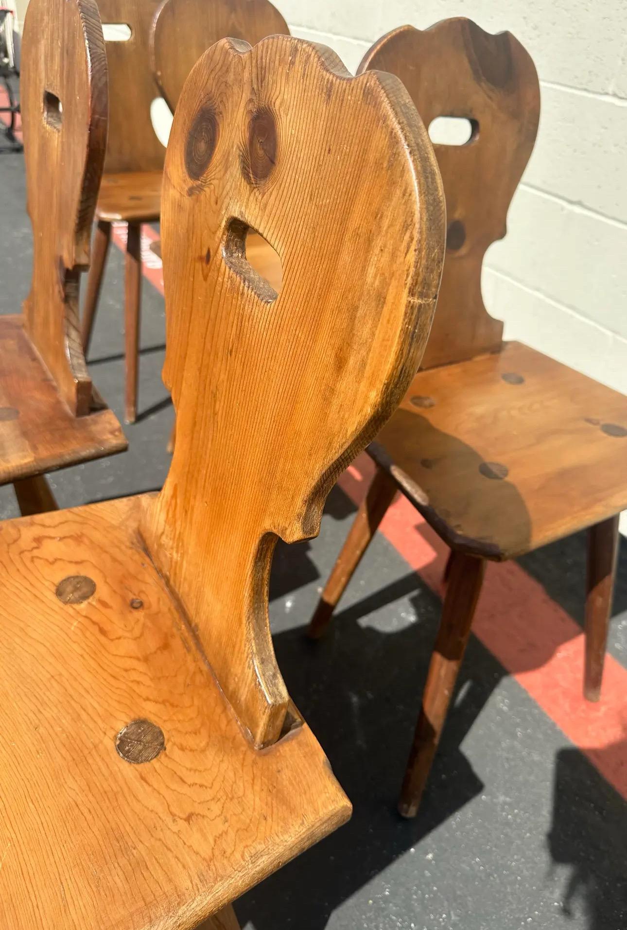 Vintage Set of 6 Swiss Handmade Farm House Carved Dining Chairs, Switzerland 3