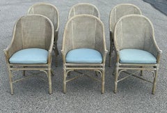 Ensemble vintage de 6 chaises de salle à manger McGuire en rotin et rotin canné de style tropical, vers 1970