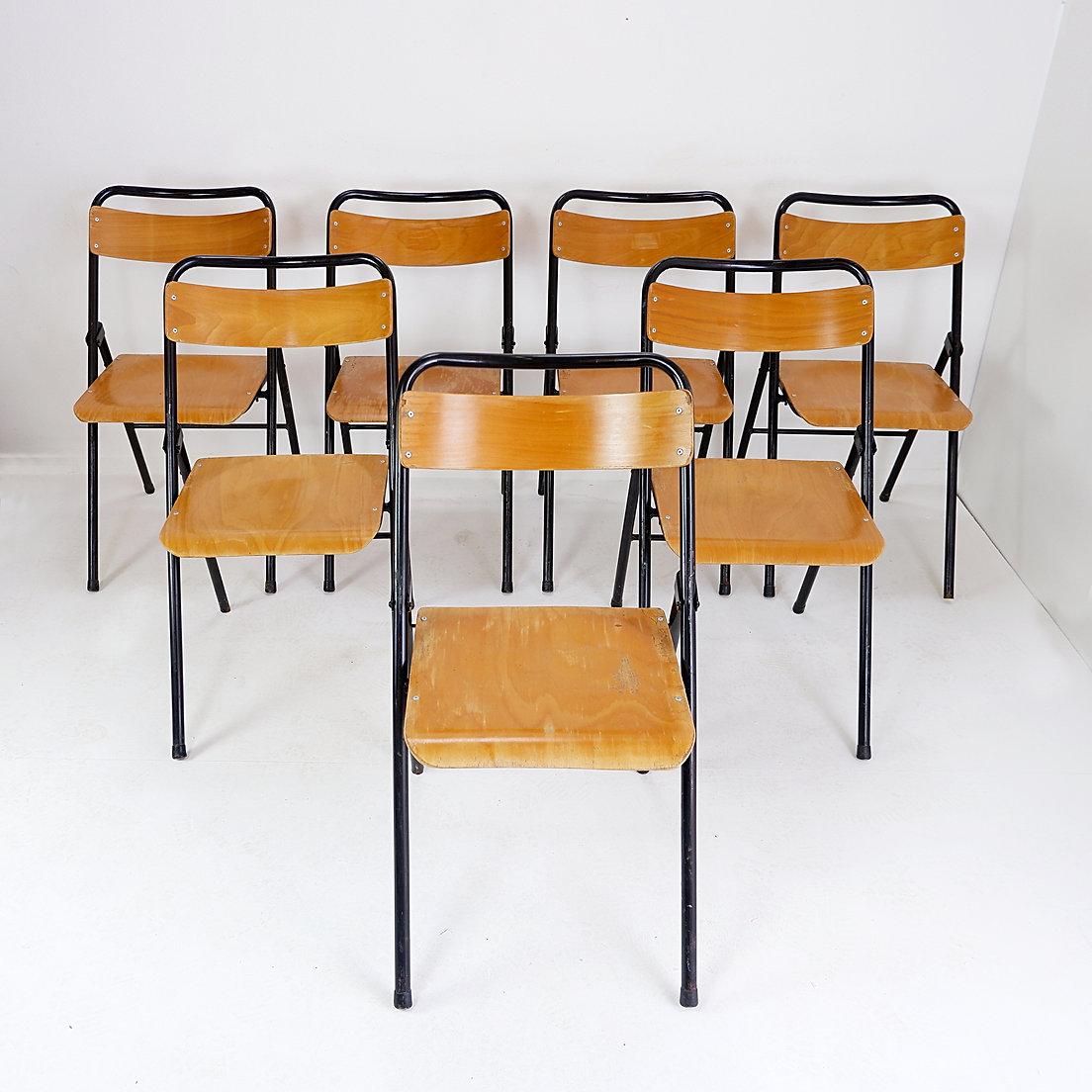 Vintage Set of 7 folding chair in metal and wood - 1960s For Sale 6