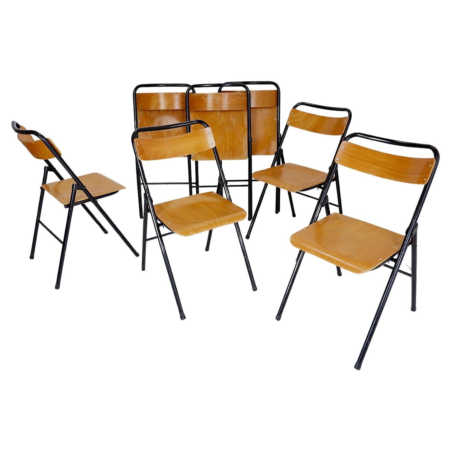 Vintage Set of 7 folding chair in metal and wood - 1960s For Sale