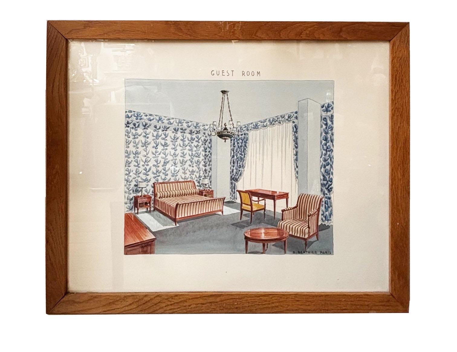 Vintage Set von sieben Französisch Aquarell Design Renderings Wall Art von Künstler Roger Berthier Paris, Unterschrift unten rechts signiert.
Metall-Aufhängevorrichtung auf der Rückseite des Rahmens, Titel der Gemälde: Arbeitszimmer des Meisters,