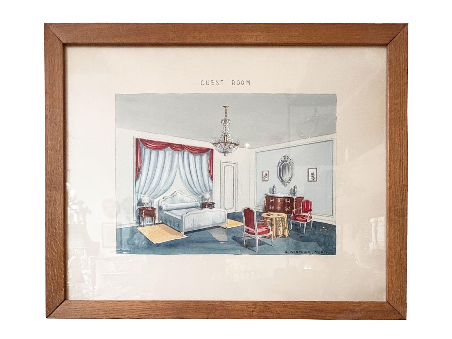 Vintage Set von 7 Französisch Aquarell Design Renderings Wandkunst von R Berthier (Gebürstet) im Angebot