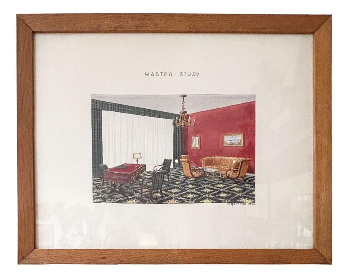 Vintage Set von 7 Französisch Aquarell Design Renderings Wandkunst von R Berthier im Zustand „Gut“ im Angebot in Los Angeles, CA