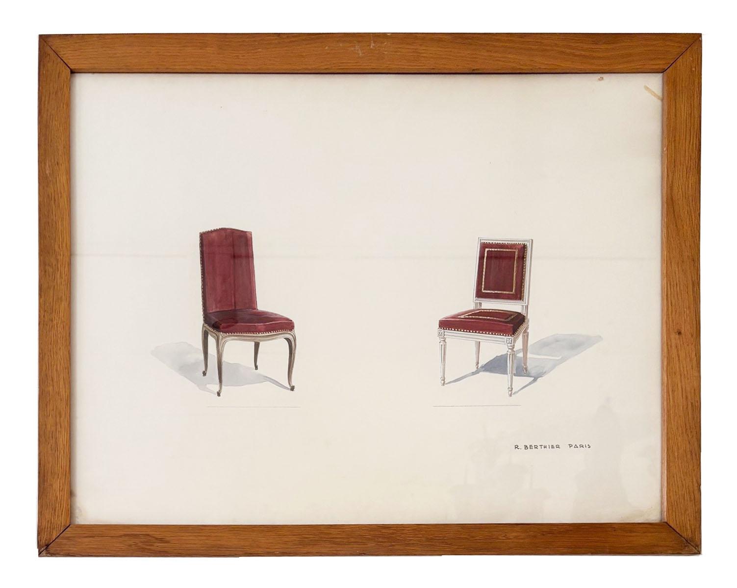 Vintage Set von 7 Französisch Aquarell Design Renderings Wandkunst von R Berthier (Mitte des 20. Jahrhunderts) im Angebot