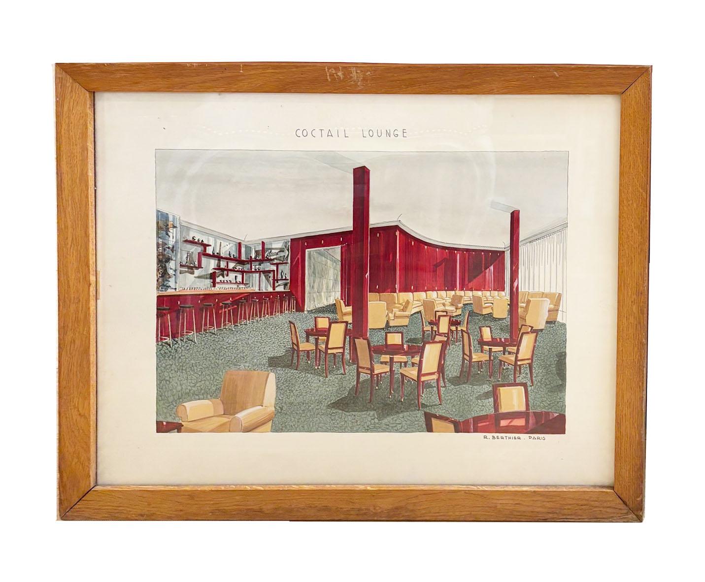 Vintage Set von 7 Französisch Aquarell Design Renderings Wandkunst von R Berthier (Glas) im Angebot