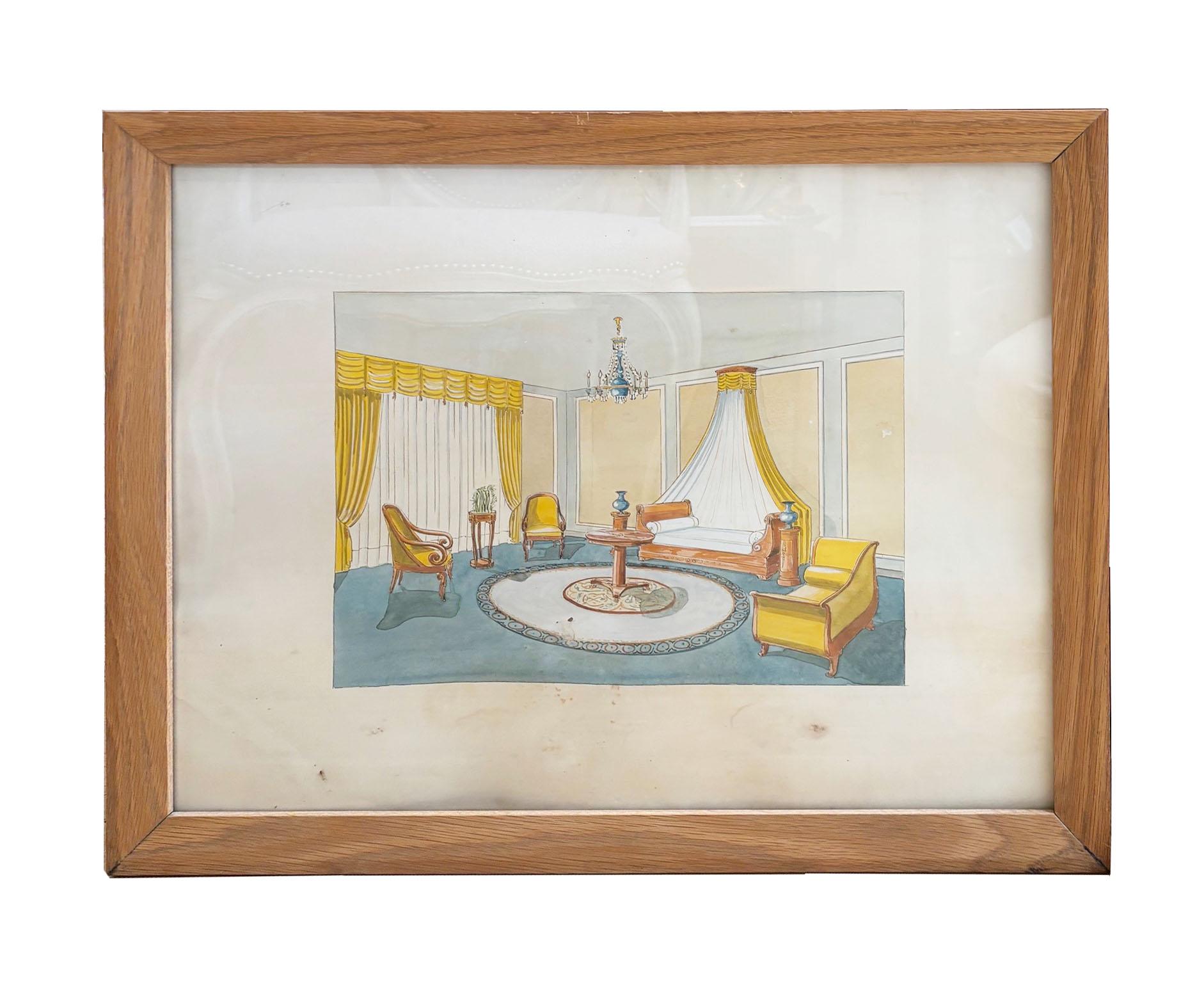 Vintage Set von 7 Französisch Aquarell Design Renderings Wandkunst von R Berthier im Angebot 1