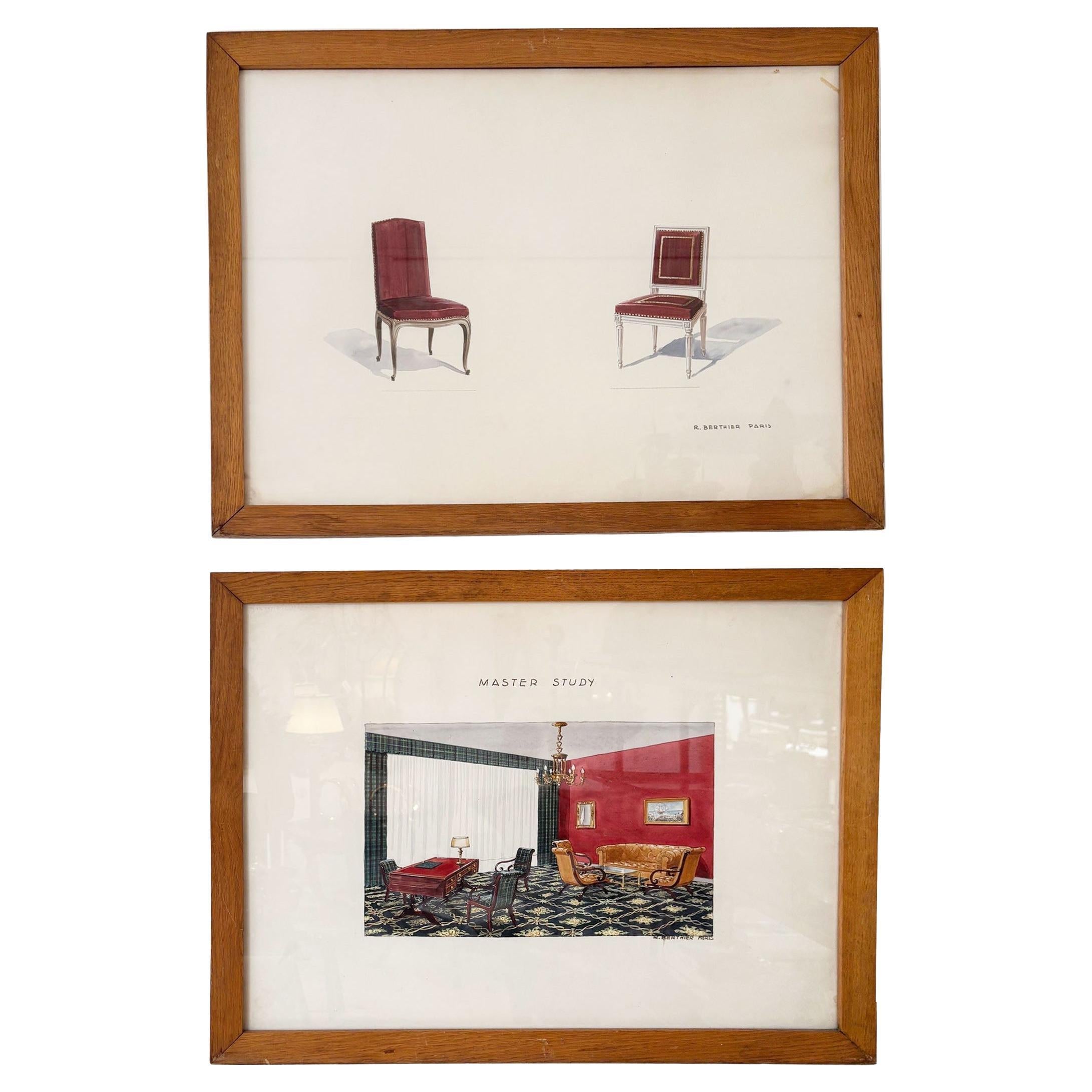 Vintage Set von 7 Französisch Aquarell Design Renderings Wandkunst von R Berthier im Angebot