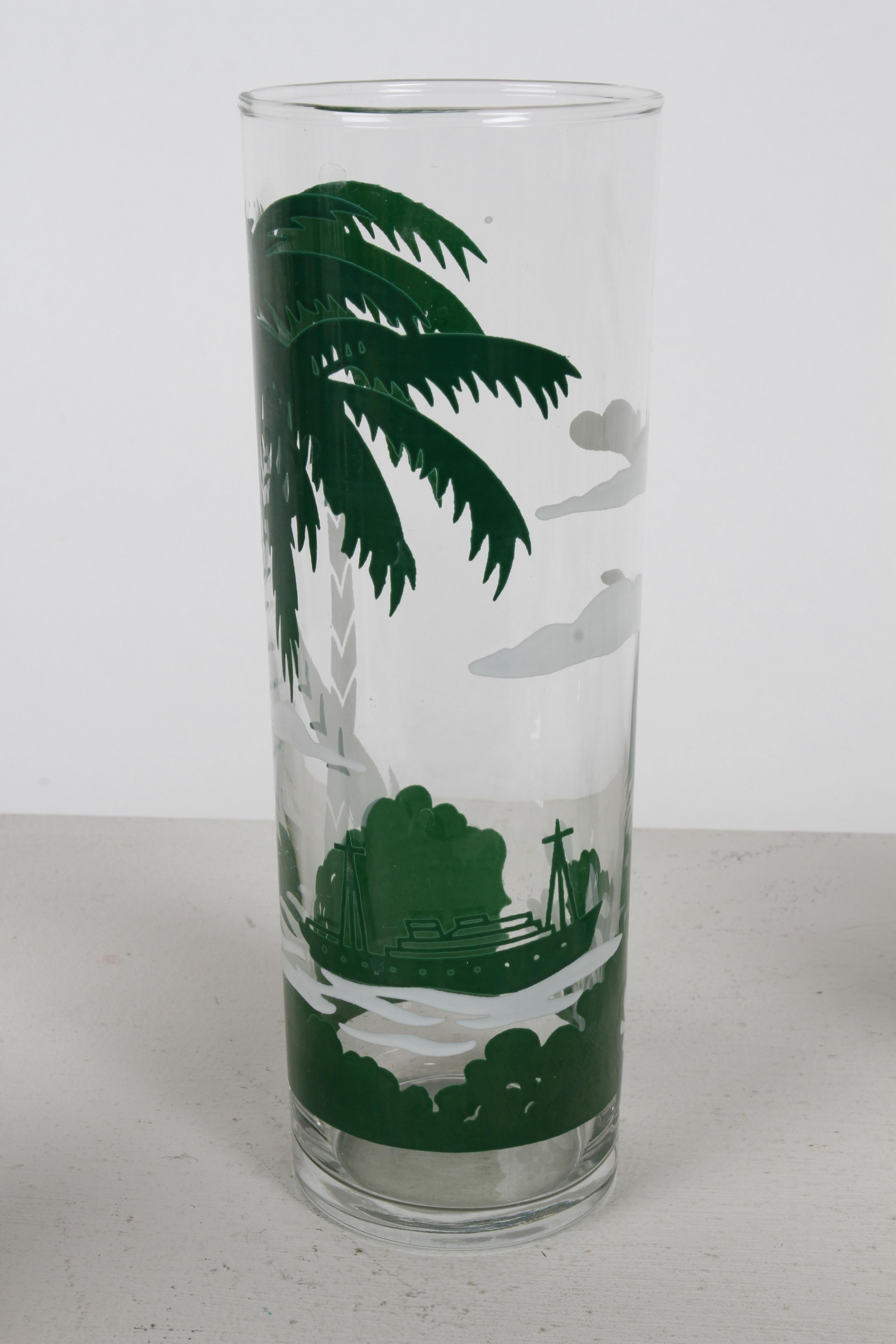 Vintage set of 7 Libbey Tom Collins Tropical Island Palm Tree Theme Tall Glasses For Sale 4