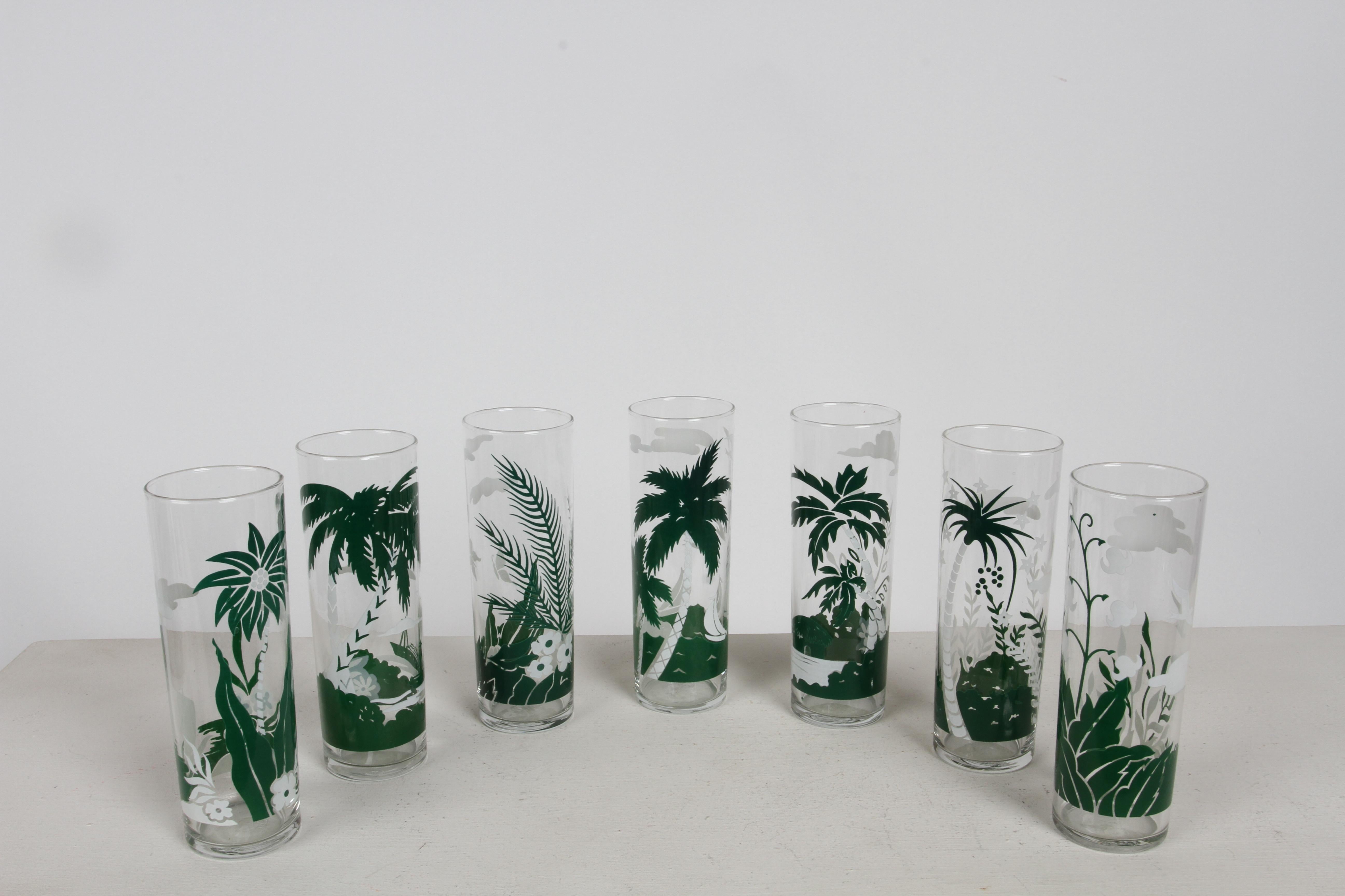 Mid-Century Modern Ensemble vintage de 7 verres hauts Libbey Tom Collins sur le thème des îles tropicales et des palmiers en vente