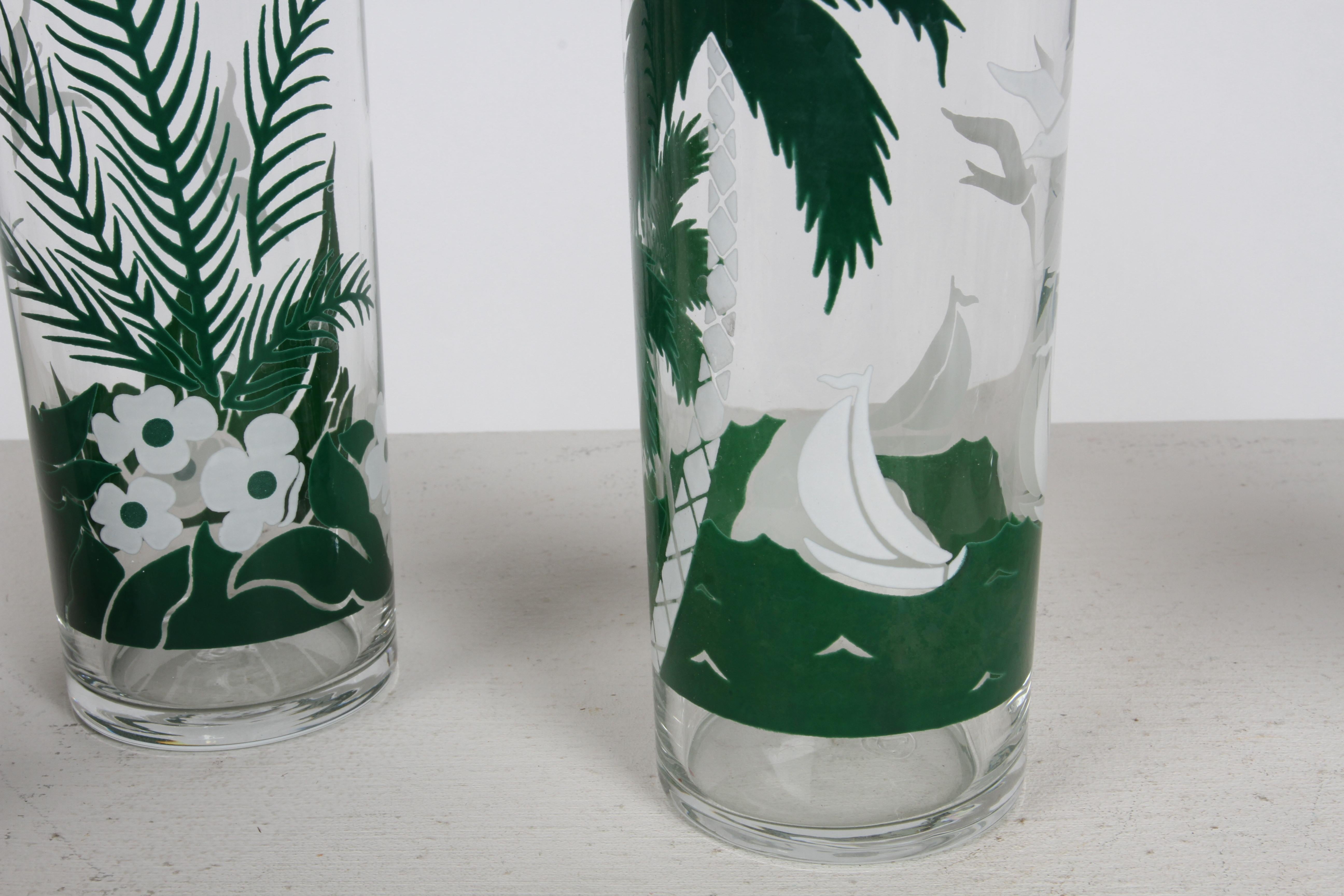 Blown Glass Vintage set of 7 Libbey Tom Collins Tropical Island Palm Tree Theme Tall Glasses For Sale