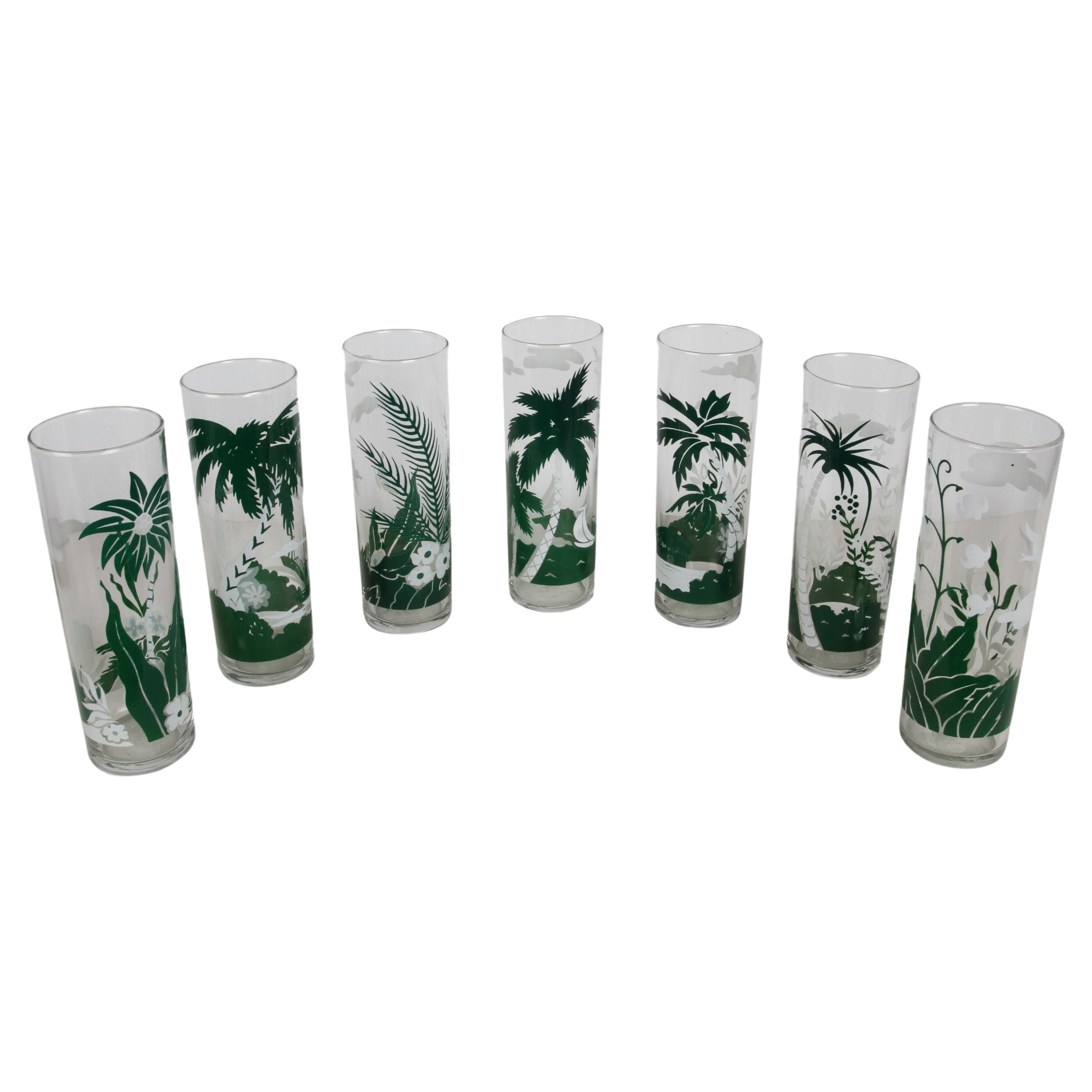 Vintage set of 7 Libbey Tom Collins Tropical Island Palm Tree Theme Tall Glasses