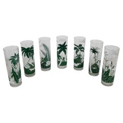 Vintage set of 7 Libbey Tom Collins Tropical Island Palm Tree Theme Tall Glasses