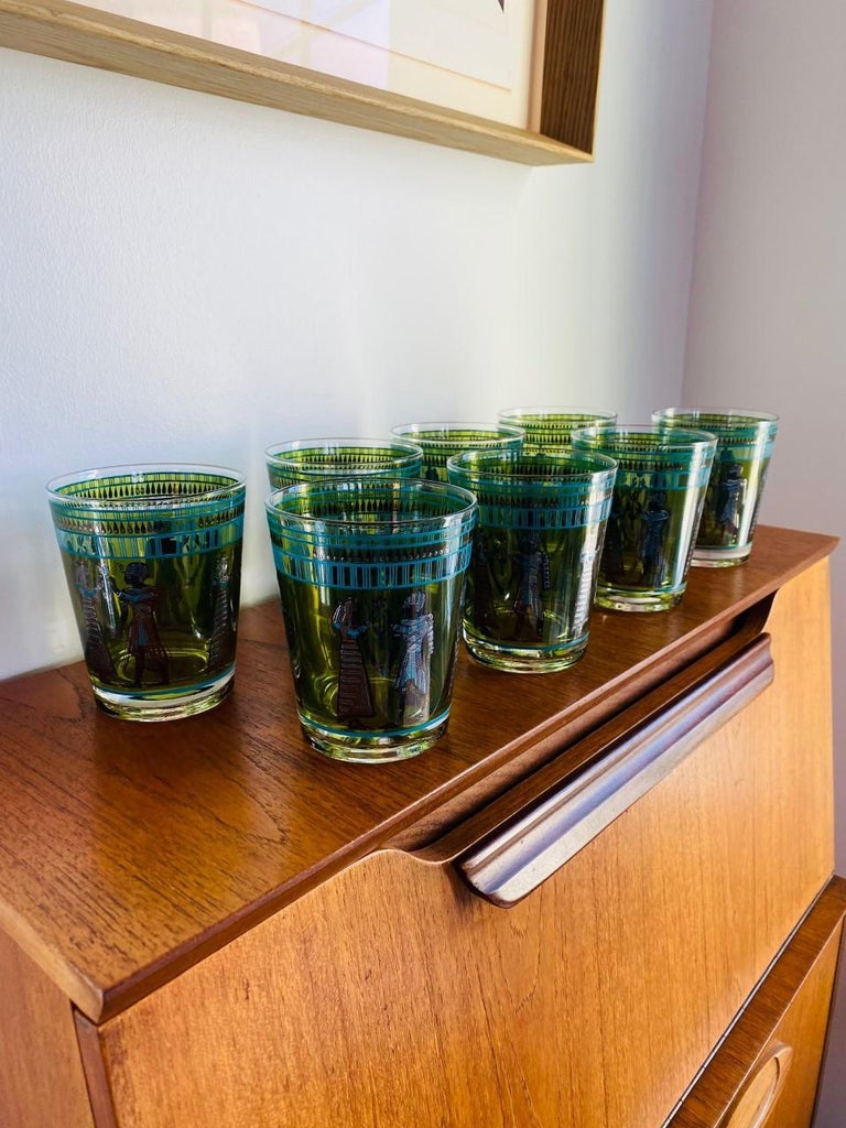 Vintage Set of 8 Cera Old Fashioned Tumbler Glasses Egyptian Revival
