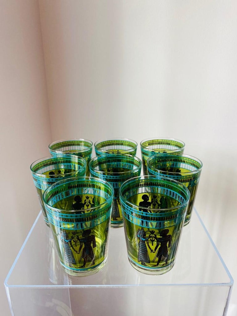 Vintage Set of 8 Cera Old Fashioned Tumbler Glasses Egyptian Revival