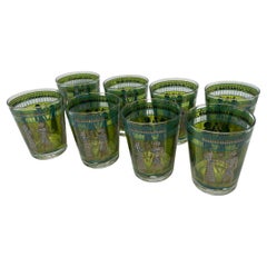 Vintage Set of 8 Cera Old Fashioned Tumbler Glasses Egyptian Revival Green Teal